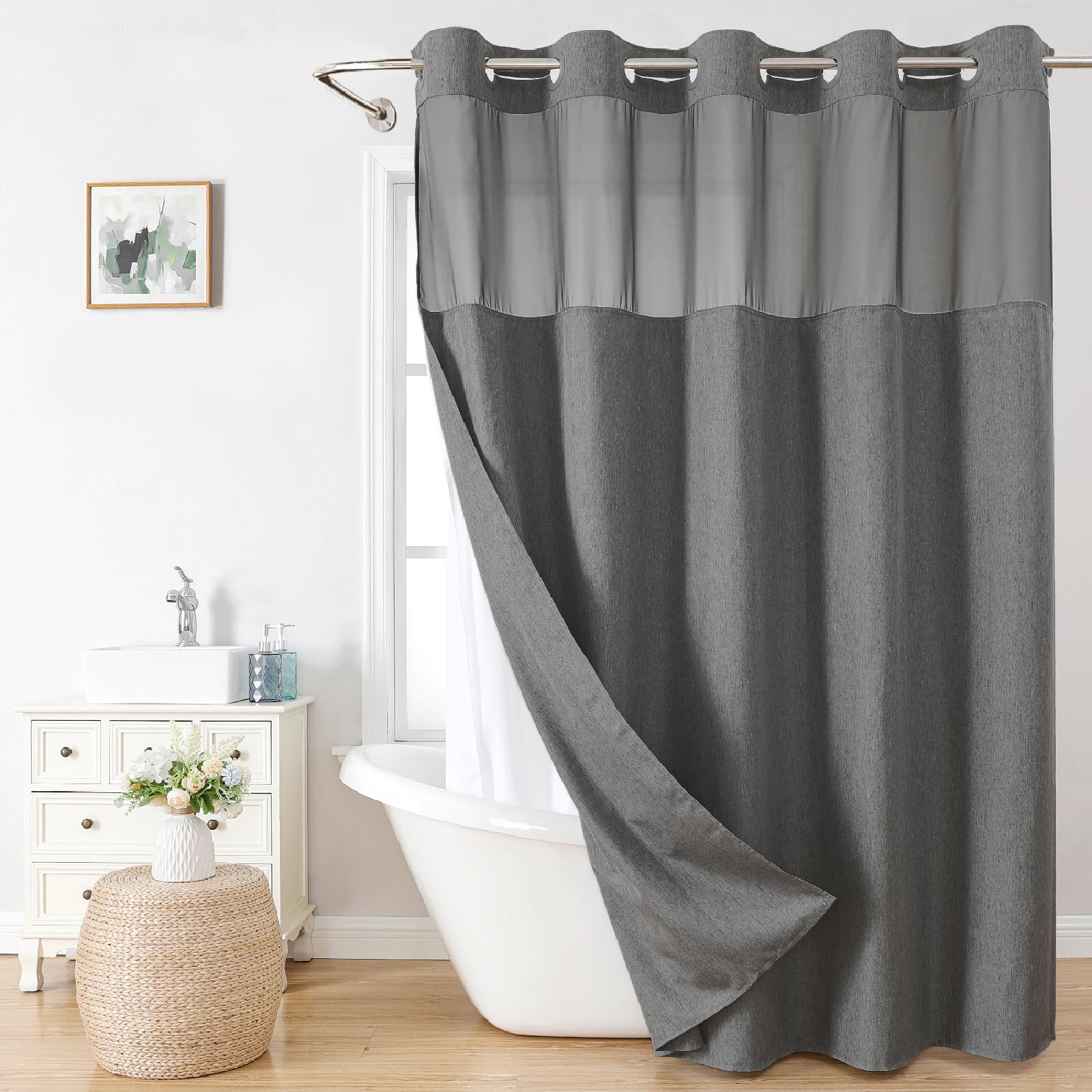 No Hooks Needed Linen Textured Shower Curtain with Snap-in Fabric Liner Set, Luxury Decor Shower Curtains for Bathroom with Mesh Top Window, Waterproof & Washable