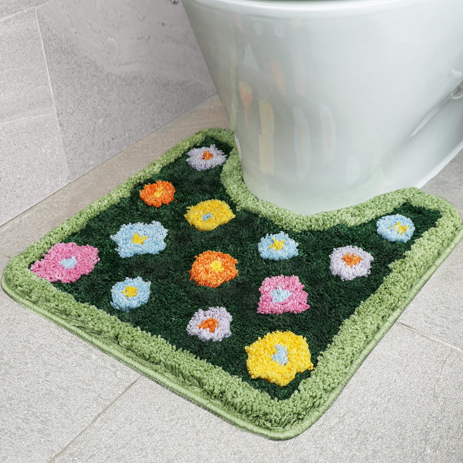 Moss Green Toilet Rugs, Luxury Tufted Extra Thick U-Shaped Toilet Rug,Cute Flower Green Moss Bath Mat Non Slip - Washable Water Absorbent Shag Bathroom Rugs for Bath