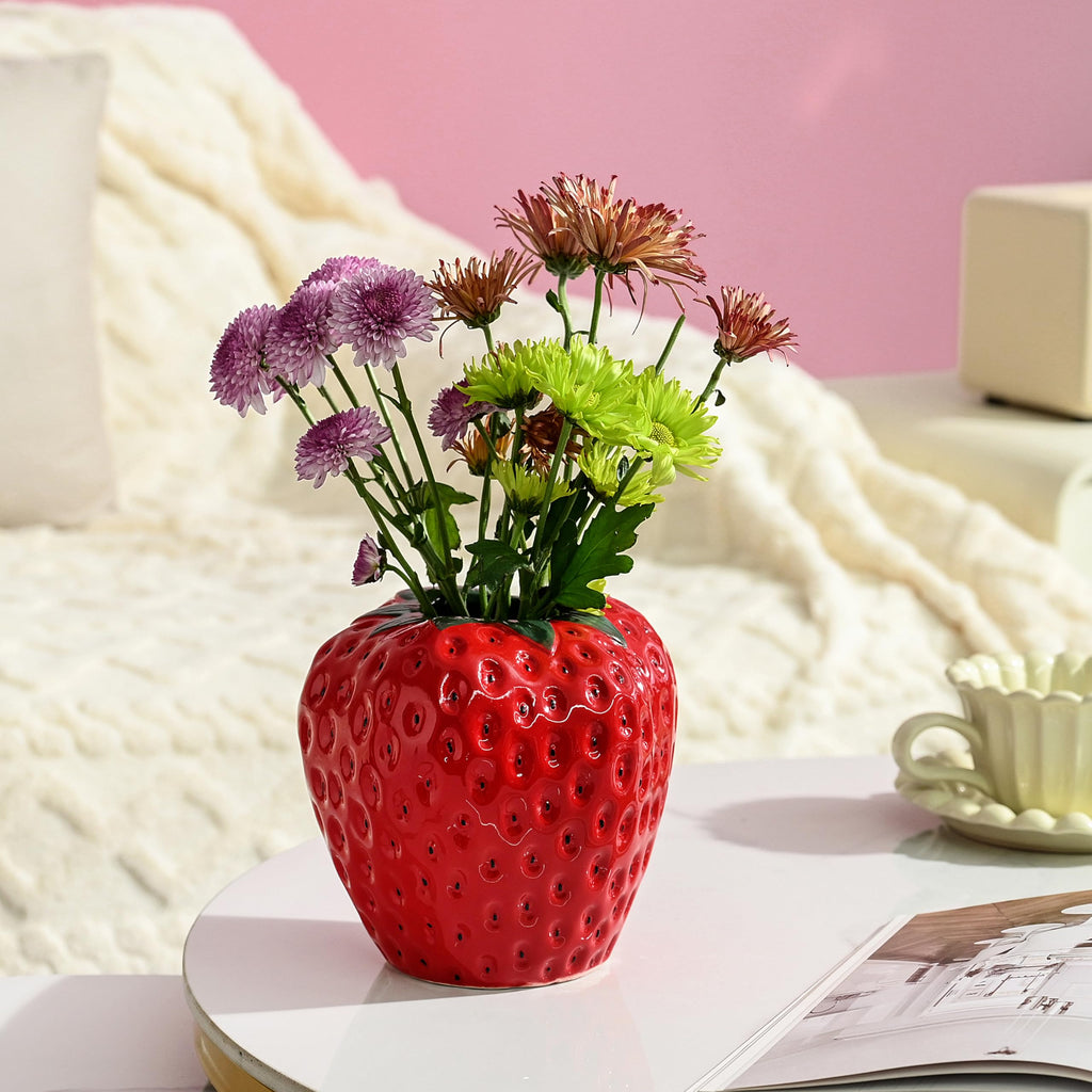 Strawberry Vase for Flowers, Dusty Pink Ceramic Fruit Vase, Strawberry Shaped Planter Pot with Green Leaves and Black Seeds Decor