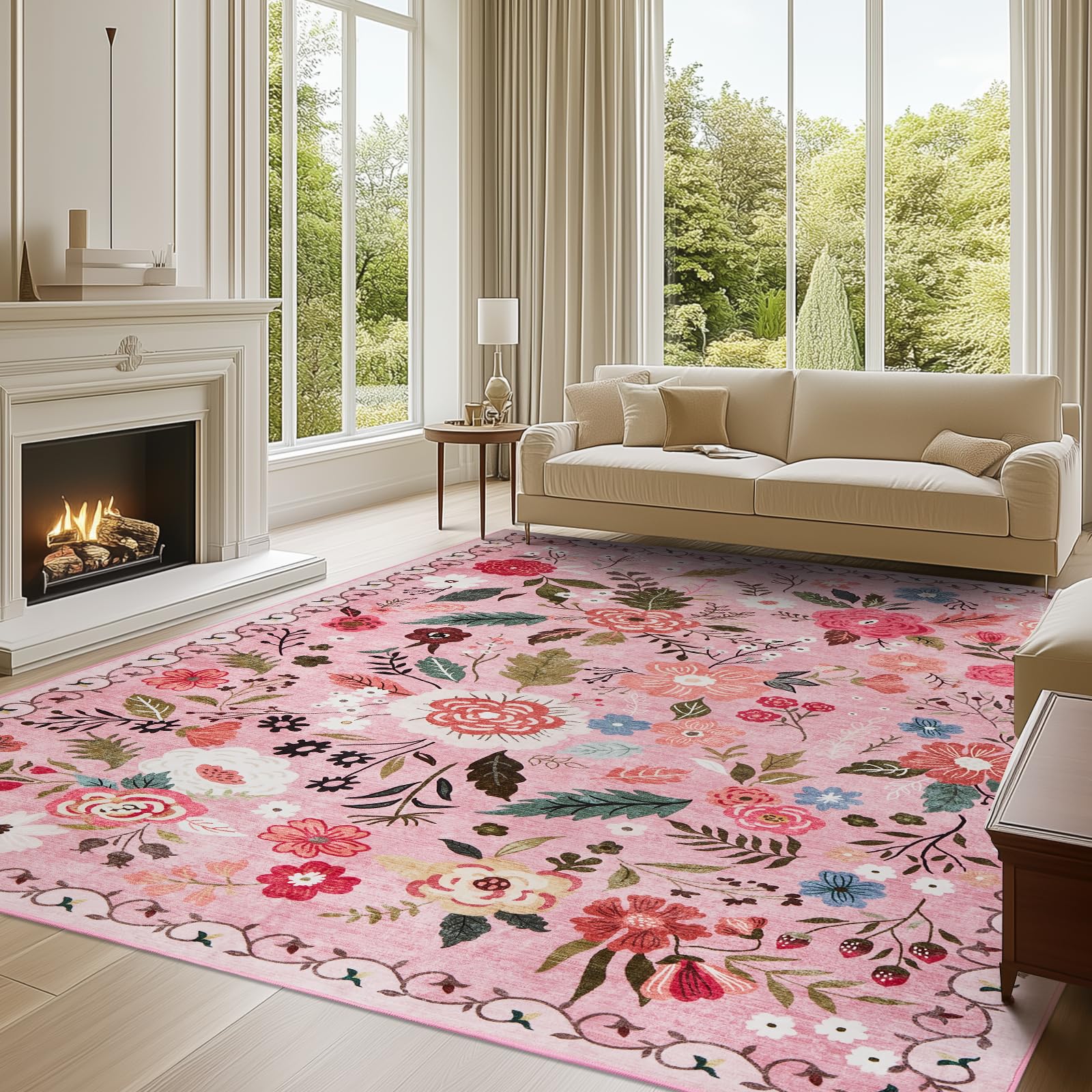 Boho Floral Vintage Rug for Home Washable Rugs Soft Low Pile, Non Slip Non-Shedding