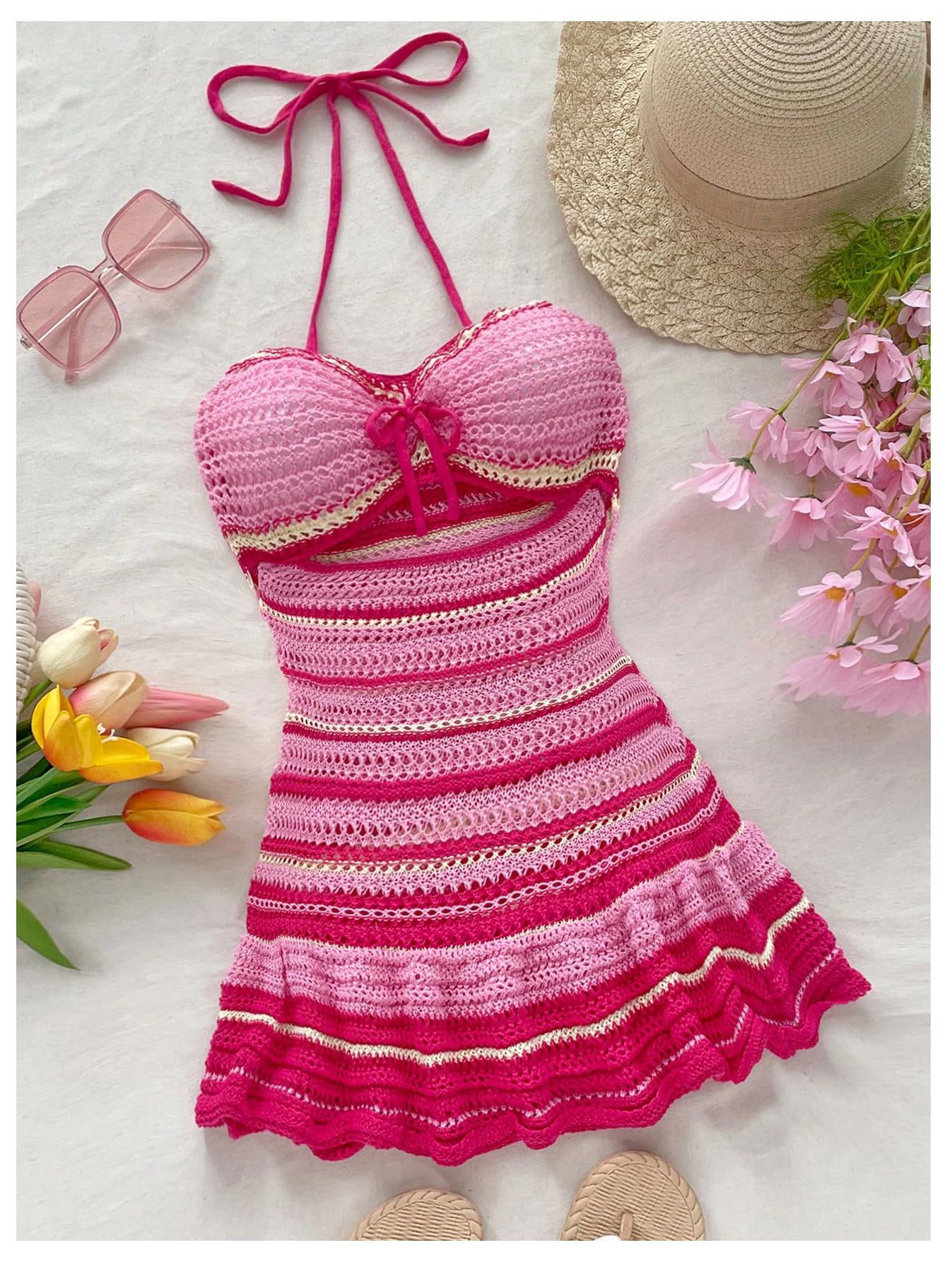 Women's Striped Halter Cut Out Tie Backless A Line Ruffle Short Dress