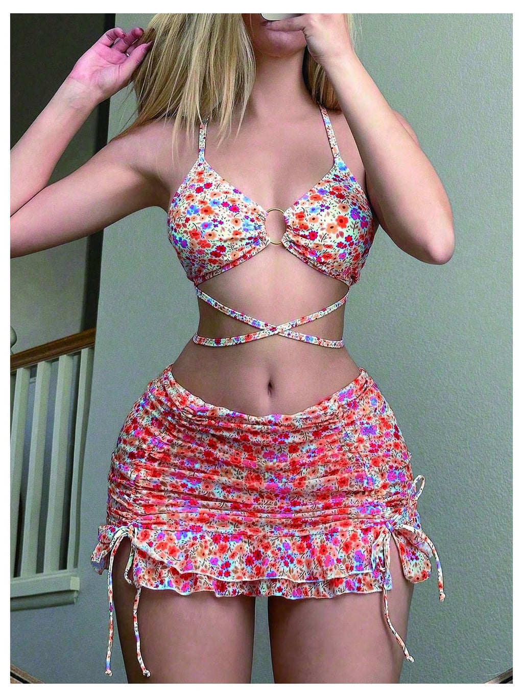 Women's 3 Piece Swimsuits Floral Criss Cross Halter Thong Bikini Sets Bathing Suit with Cover Up Ruffle Skirts