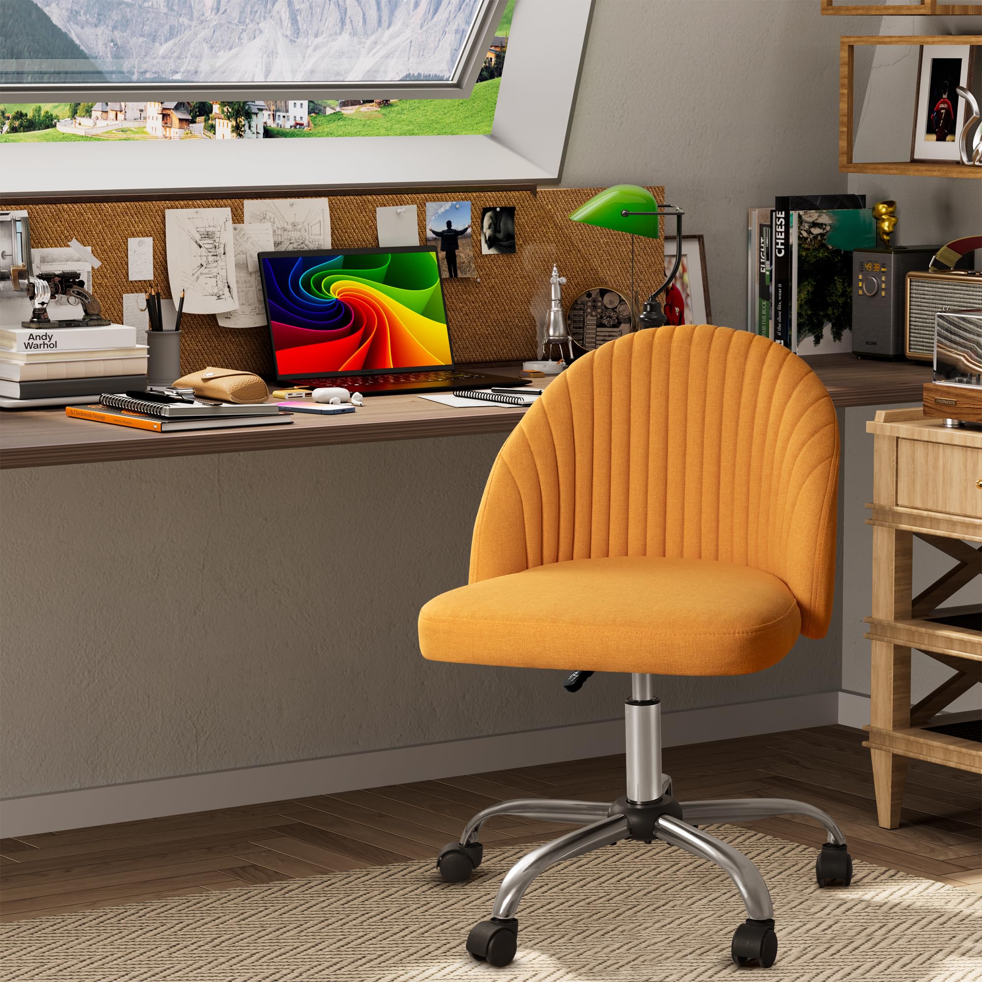 Modern Armless Cute Adjustable Swivel Padded Fabric Vanity Chair with Wheels