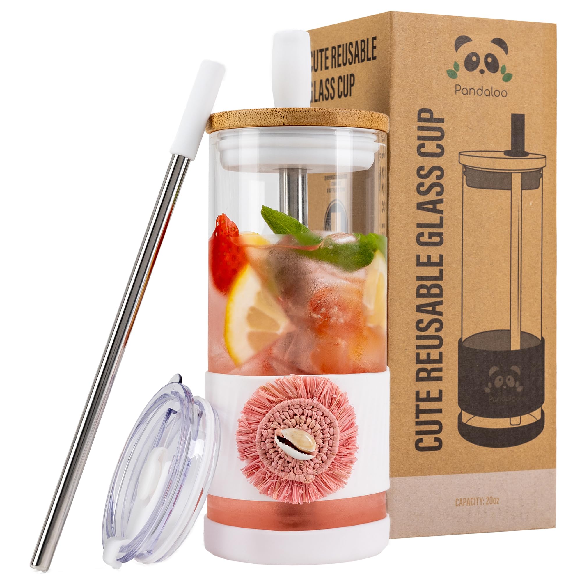 Pandaloo® Glass Cups With Lids and Straws -20 Fl Oz- Perfect Size Iced Coffee Cup - Smoothie Cup With Bamboo Lid and On the go Lid - Glass Tumbler With Straw