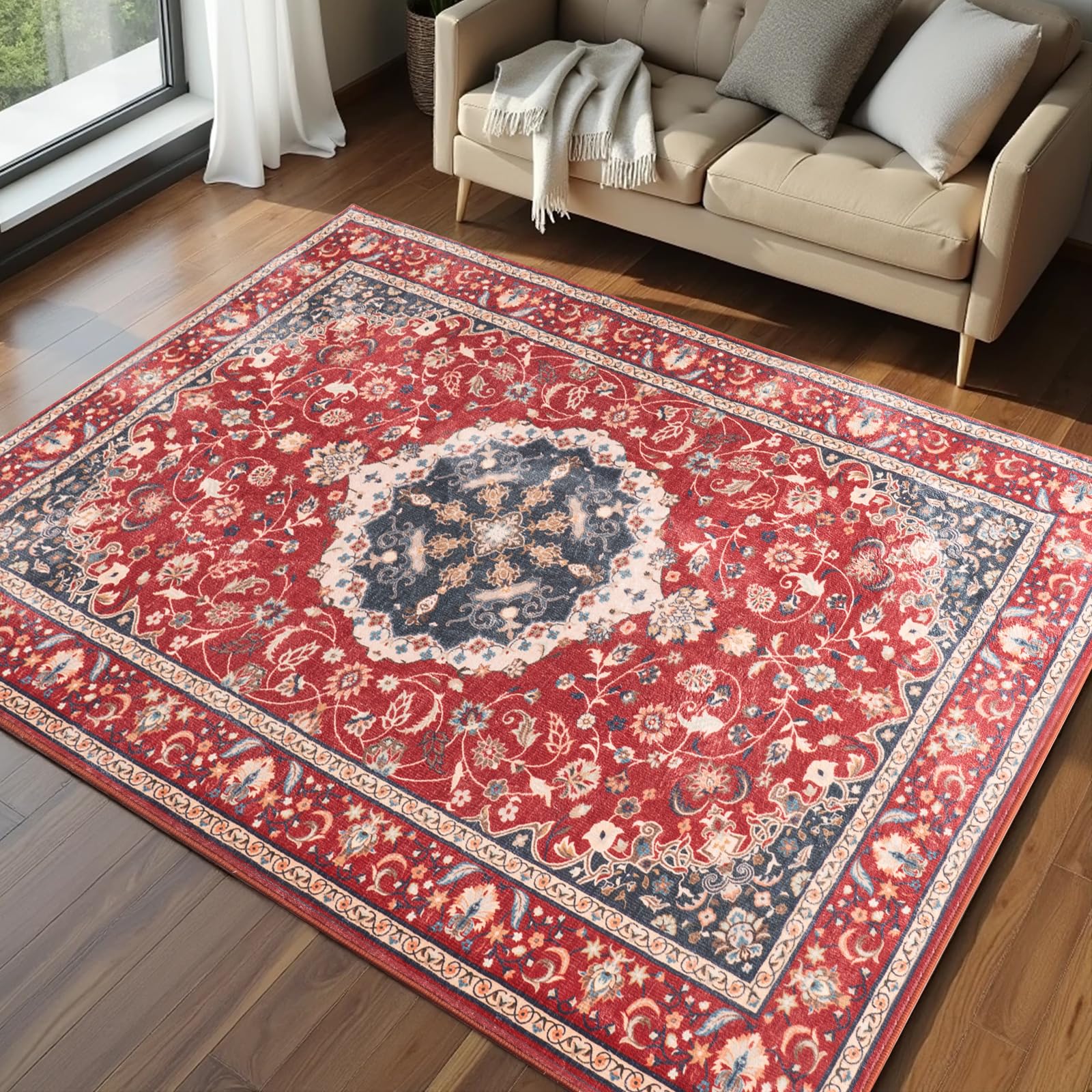 Washable Area Rugs Door Mat Entryway Vintage Floral Non-Slip Low Pile Entrance Thin Rug Carpet for Kitchen Bathroom Living Room Pink