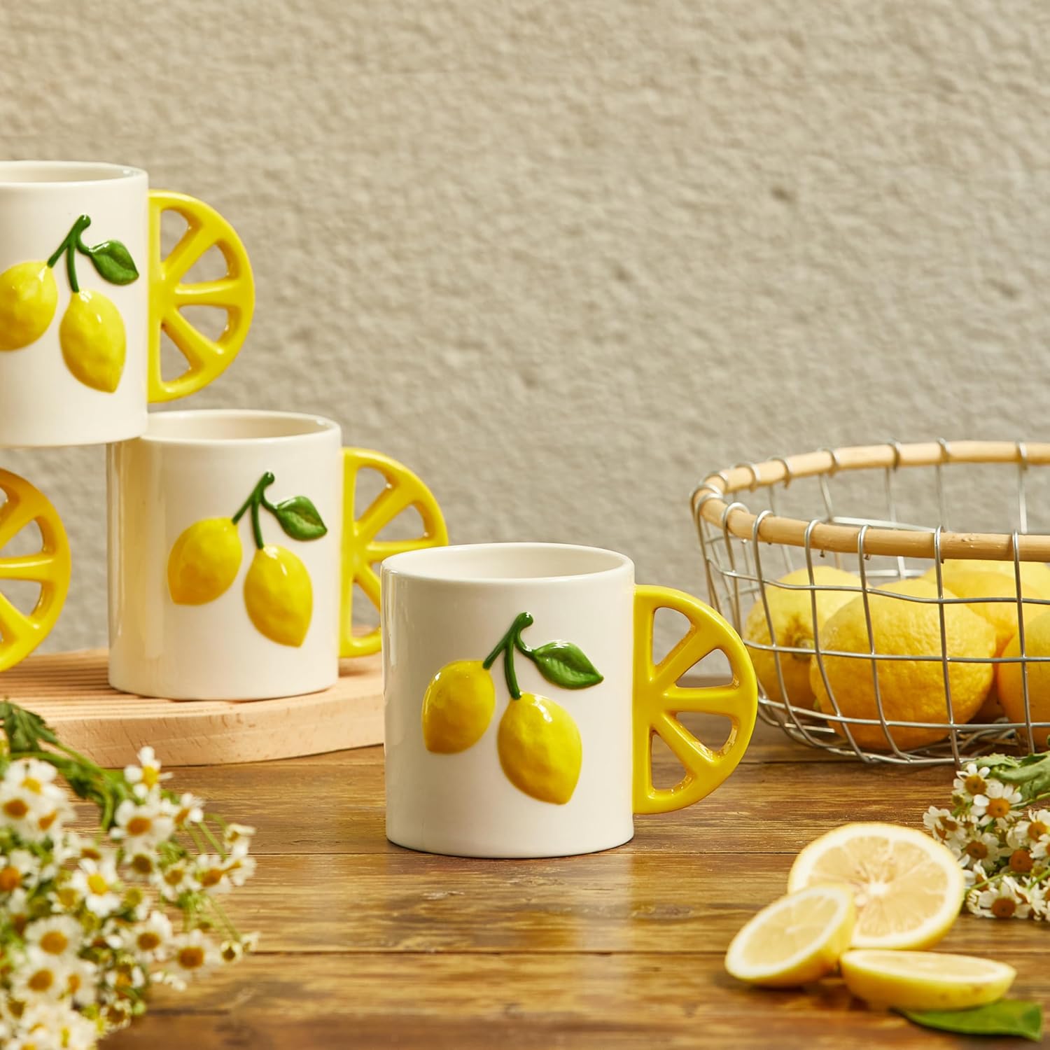 Lemon Cute Handle Handcrafted 16oz Stoneware Mug, Handpainted Mug