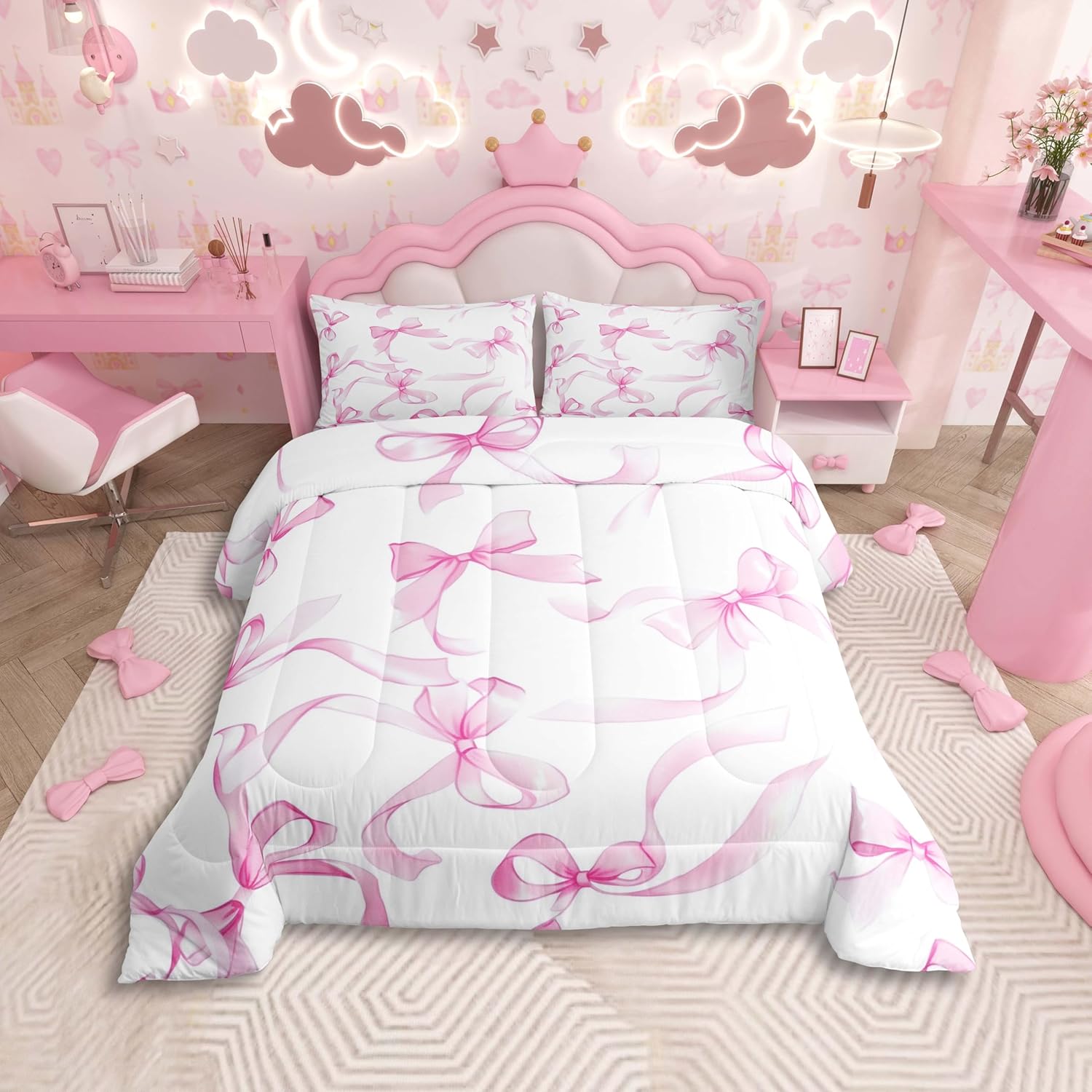 Pink Decorative Bowknot Bedding Set Comforter Set Coquette Bows Comforter Ultra Soft Decor Ribbon Bow Duvet Set