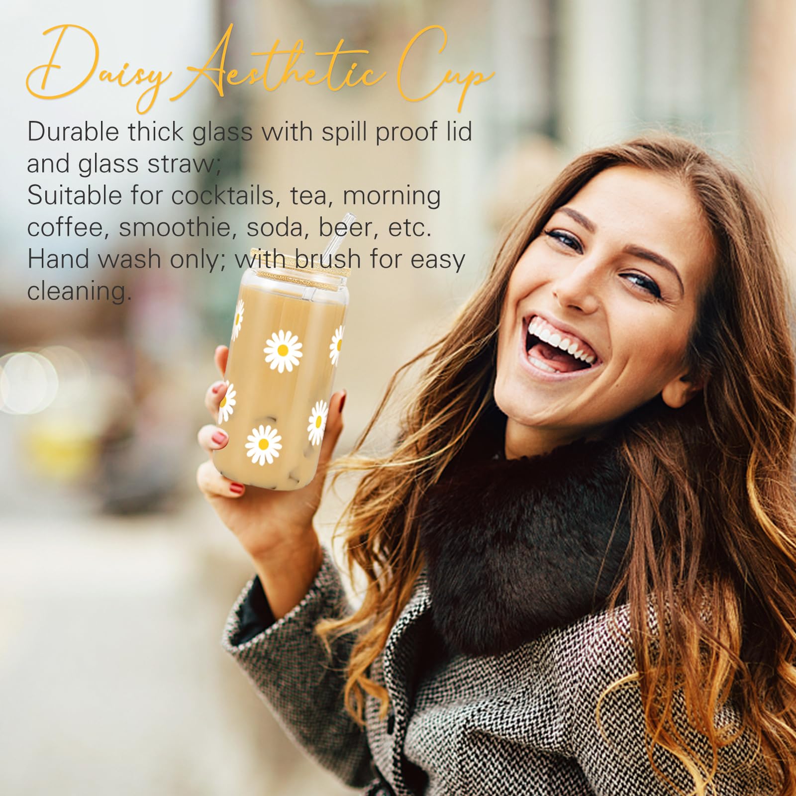 Daisy Glass Cup with Lid & Straw, Cute, 16oz