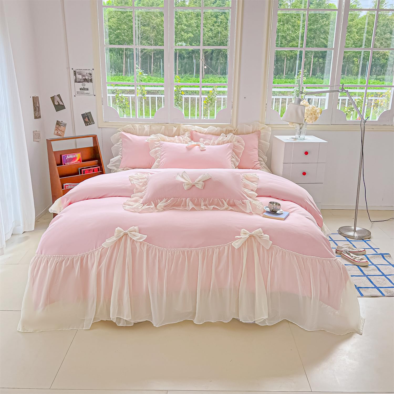 Girls Lace Bedding,Queen Comforter Cover Set, Chic Ruffled Duvet Cover with Lovely Bow,Princess Style 1 Duvet Cover with 2 Pillowcases, No Comforter-Hot Pink,Full Size
