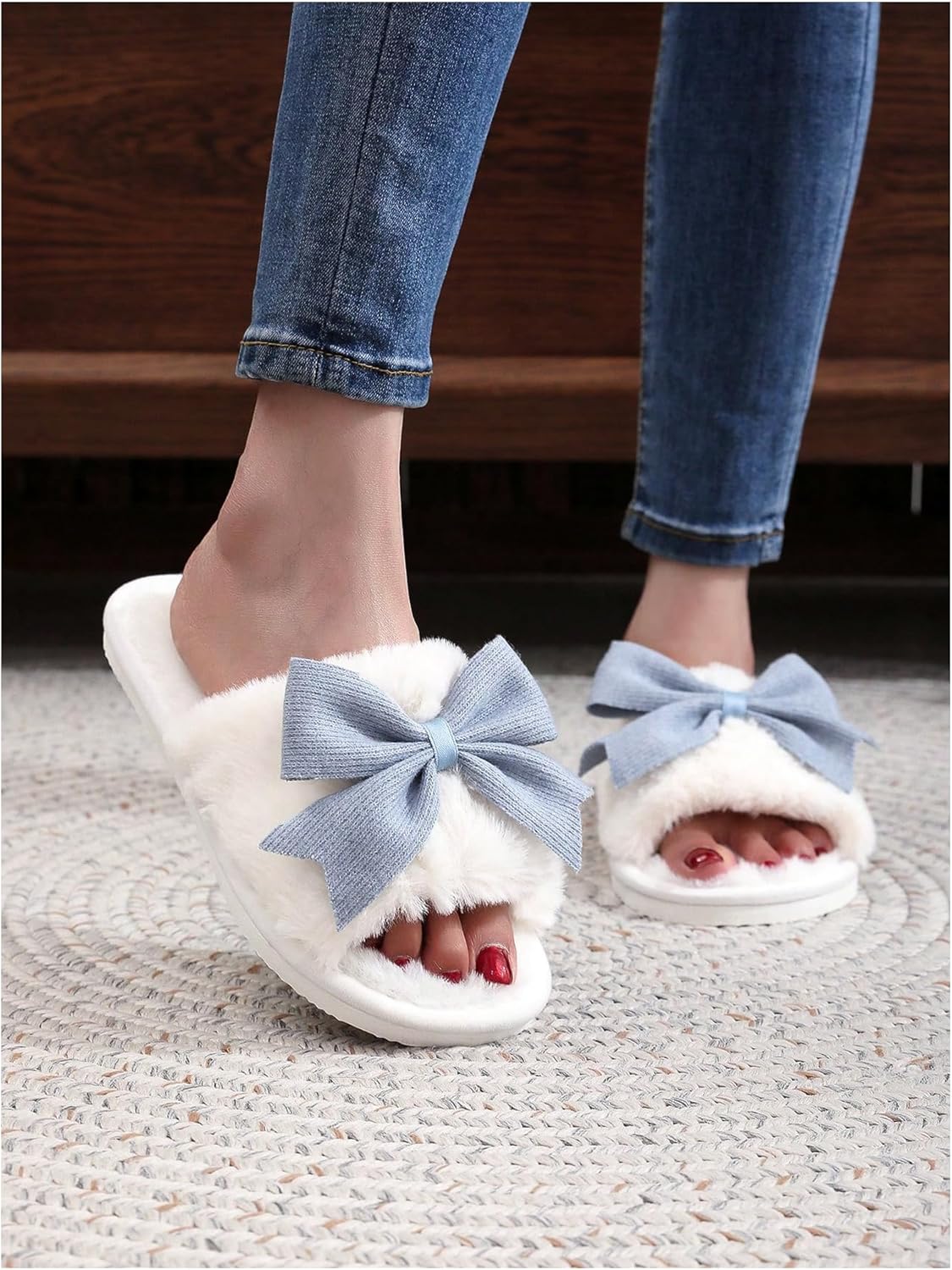Women's Cute Bow Decor Fuzzy Open Toe Indoor Home Slippers Fashionable Warm Comfy Furry Outdoor Slippers