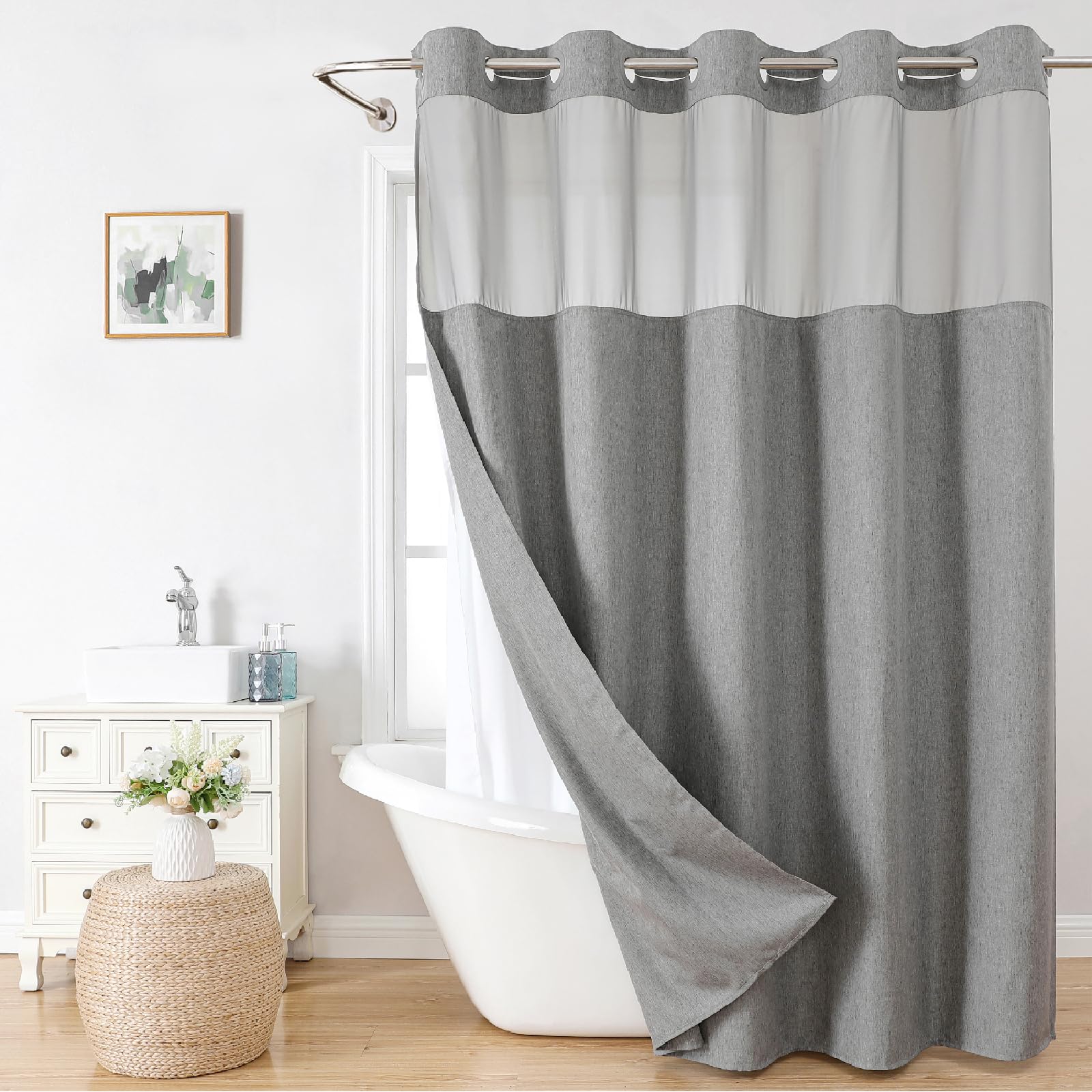No Hooks Needed Linen Textured Shower Curtain with Snap-in Fabric Liner Set, Luxury Decor Shower Curtains for Bathroom with Mesh Top Window, Waterproof & Washable