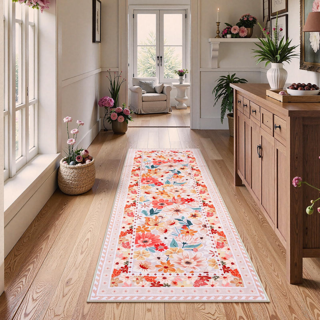 Floral Hallway Runner Rug, Runner Rugs Non Skid Washable, Low Pile Soft Boho Rugs