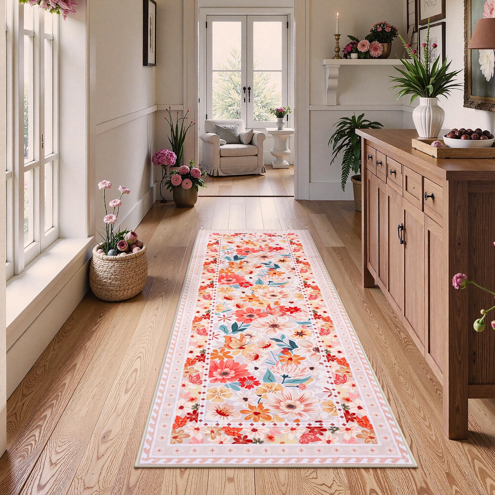 Floral Hallway Runner Rug, Runner Rugs Non Skid Washable, Low Pile Soft Boho Rugs