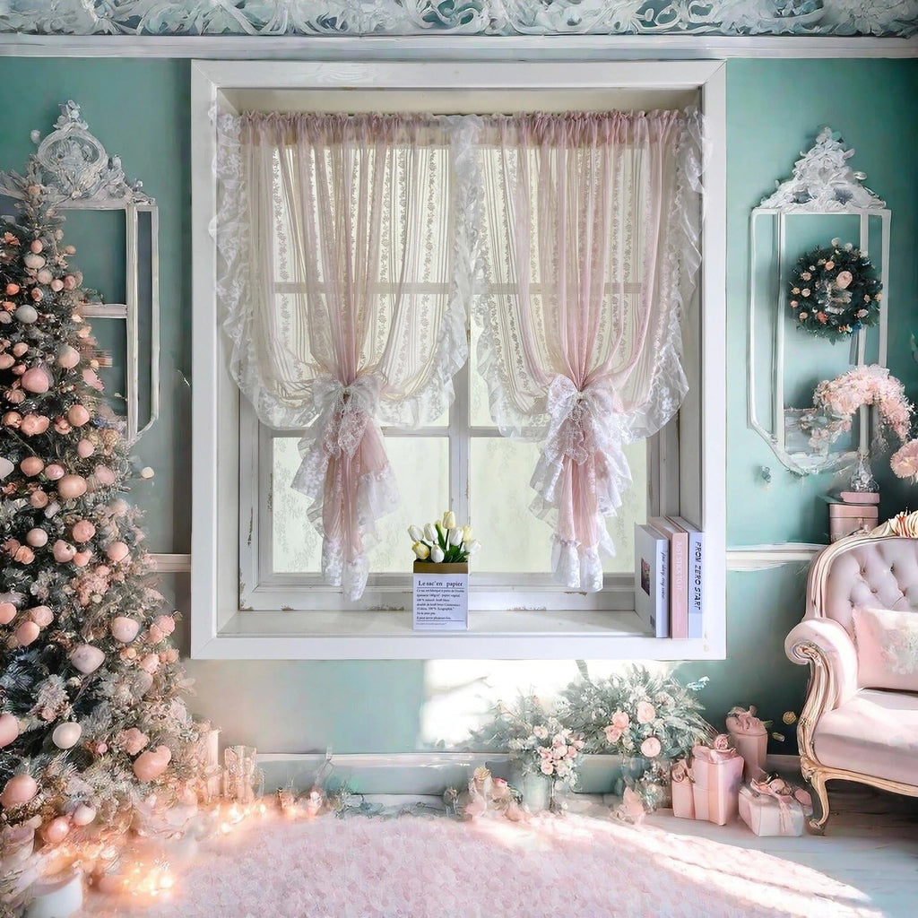 Floral Embroidery Sheer Lace Curtain with Ruffle Trim Romantic Gauze Curtains
