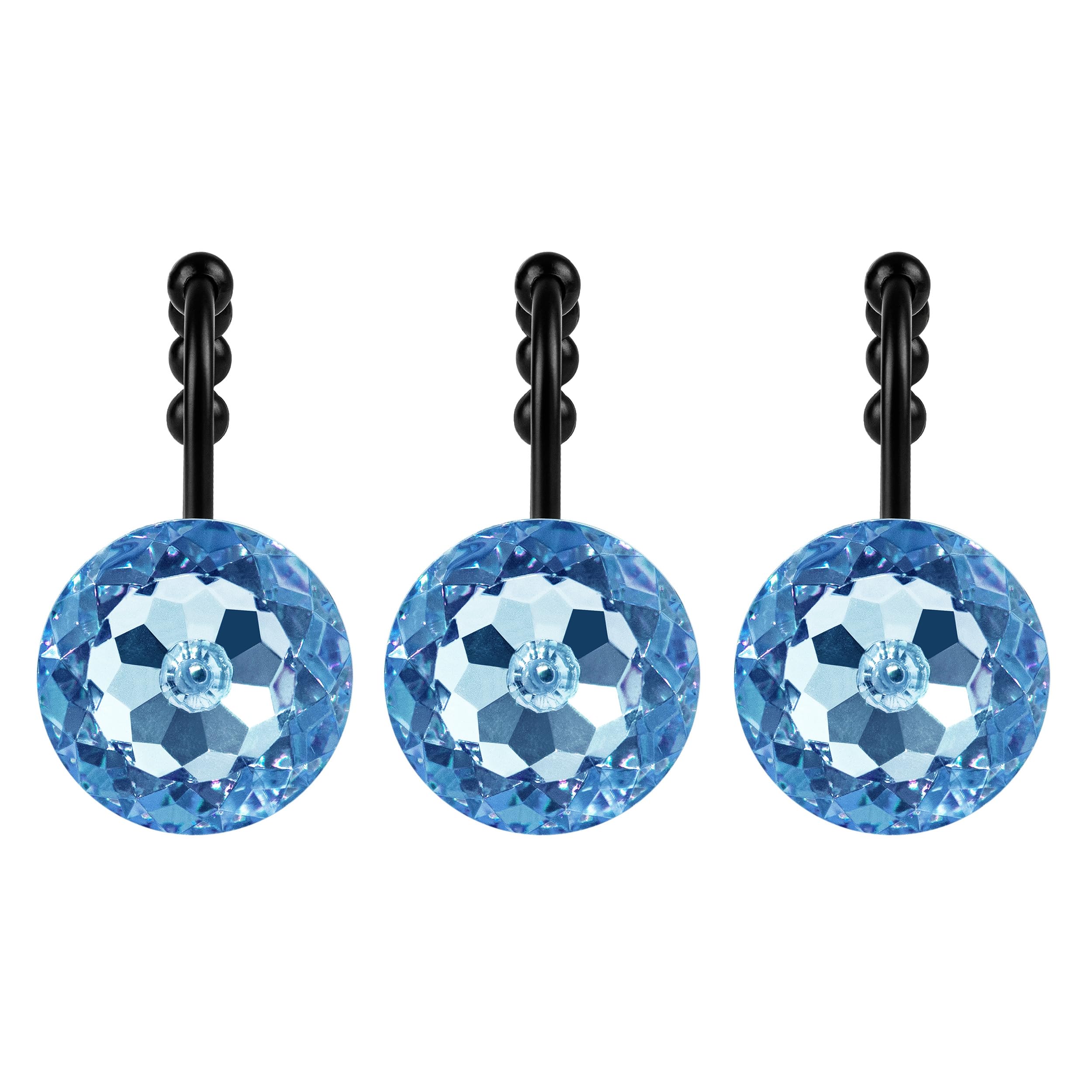 Luxury Design Round Diamond Crystal Gem Bling with Glide Balls Shower Curtain Hooks, Rust Proof Metal Rhinestones Glam Shower Curtain Rings-12 Pack