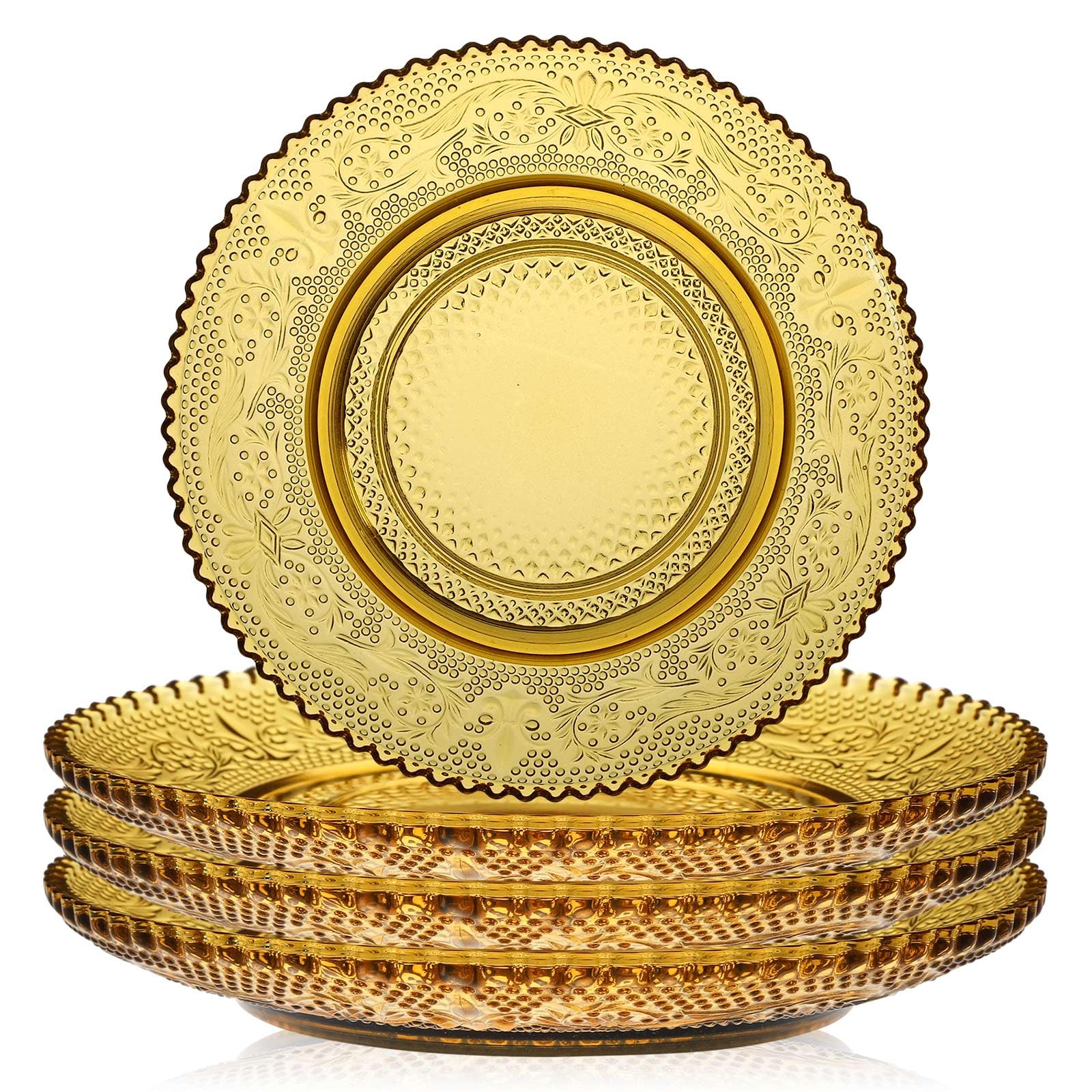 Glass Plates 4 Pack Vintage Dinnerware Set Clear Floral Textured Dinner Plates