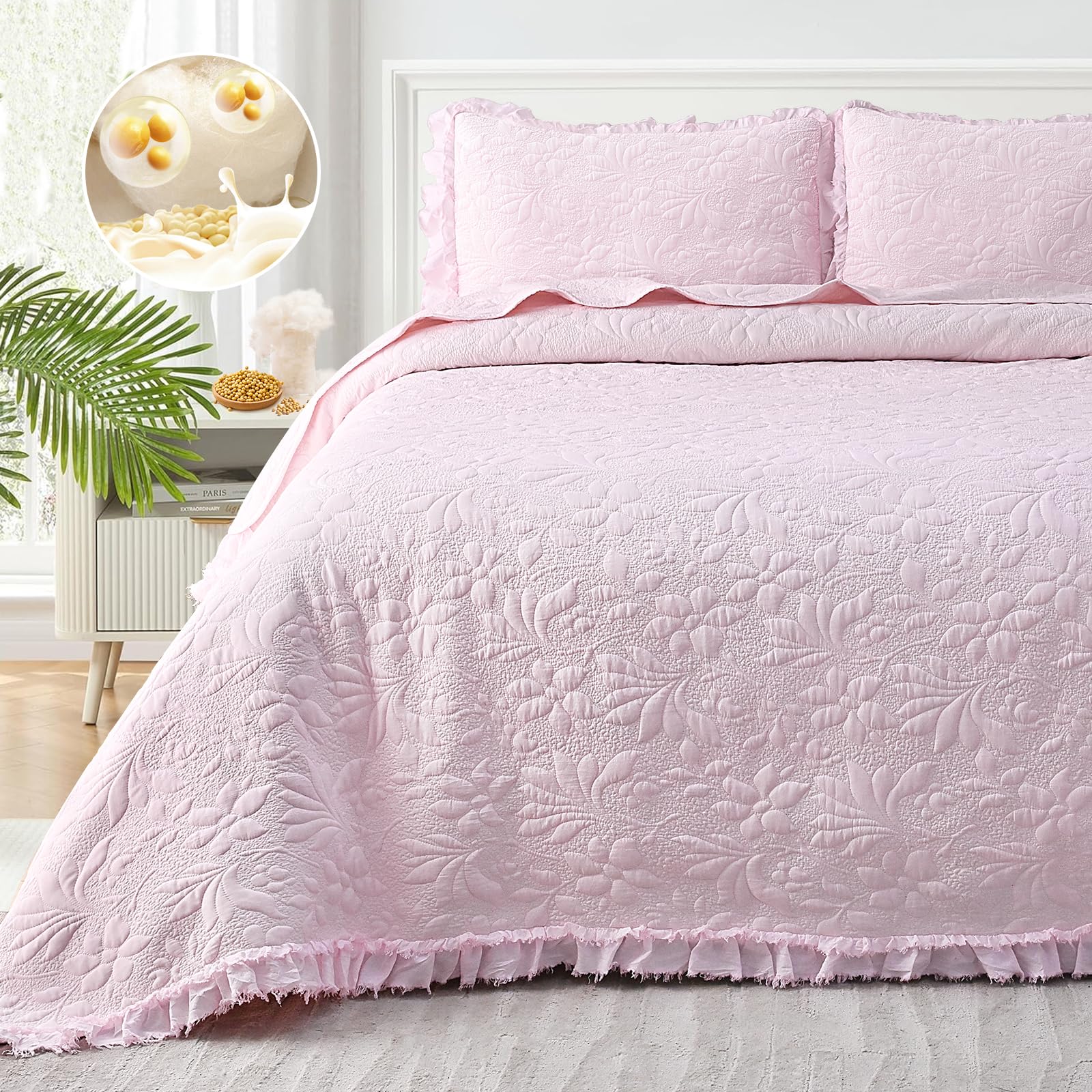 Ruffled Floral Quilts Soybean Fiber Filling Bedding Set 3 Piece, Stone-Washed Microfiber Shabby Chic Lightweight Soft Bedspread