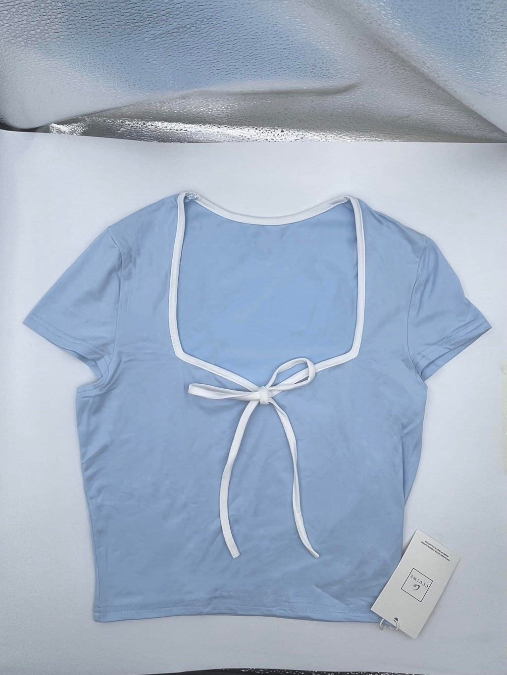 Womens Summer Short Sleeve Bow Square Neck Baby Tees Color Block Basic Crop Tops