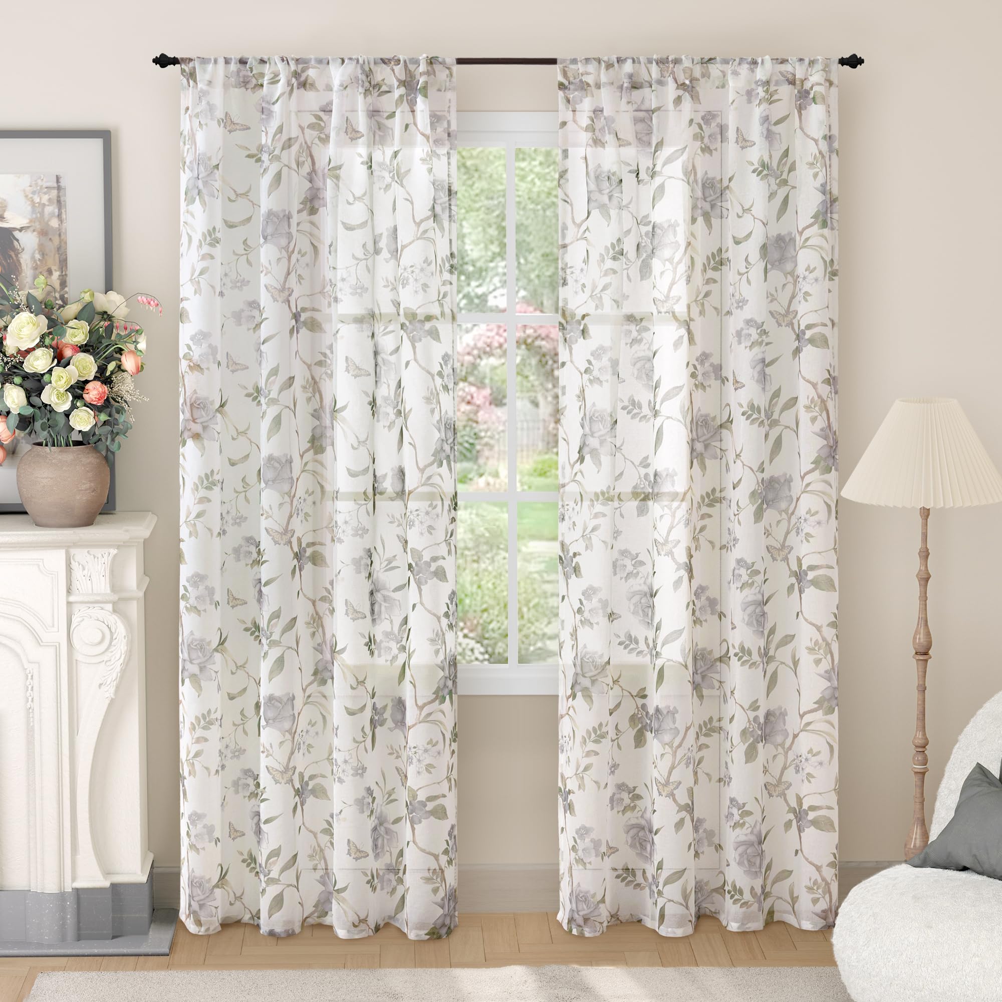 Floral Sheer Curtains, Vintage Light Filtering Semi-Sheer Linen Curtains