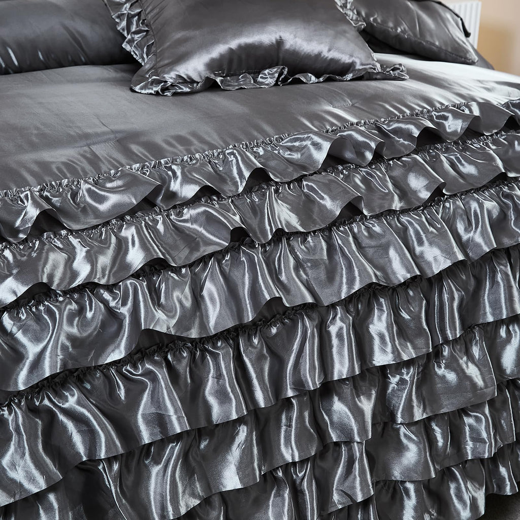 Ruffle Comforter Set 8 Pieces Satin Comforter Set with Sheet Set - Waterfall Ruffle Design Luxurious Silky Comforter Set