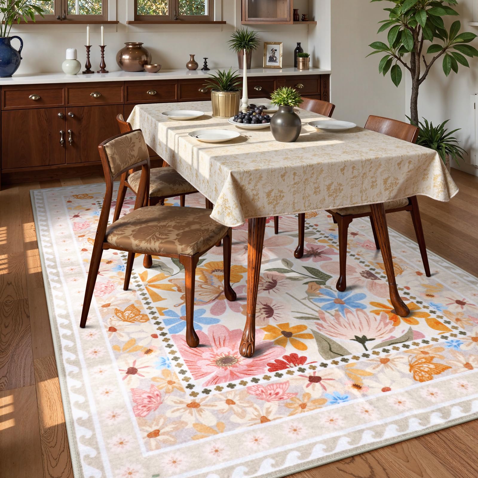 Floral Hallway Runner Rug, Runner Rugs Non Skid Washable, Low Pile Soft Boho Rugs