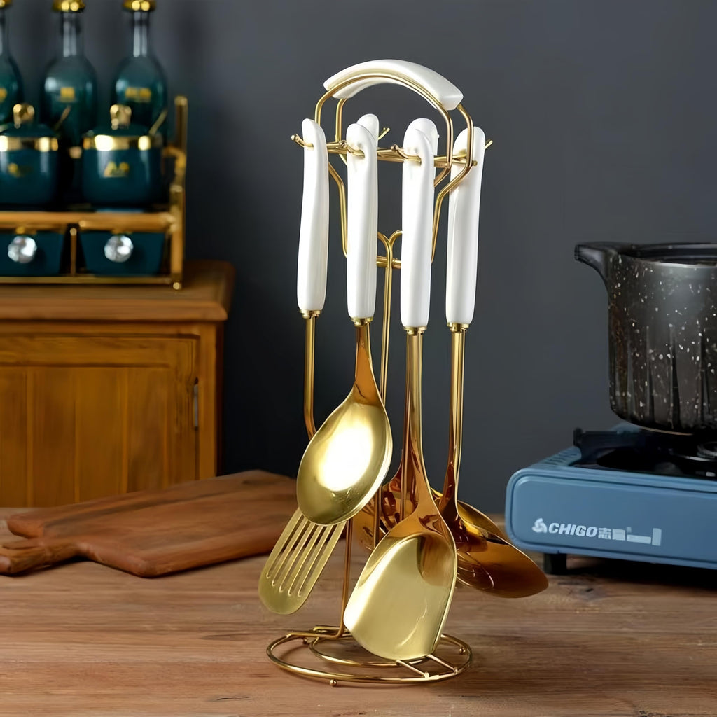 Gold Kitchen Utensils, 7pieces Gold Cooking Utensils Set, Kitchen Tools Set With Utensil Holder, Gold Kitchen Accessories, Dishwasher Safe, Easy To Clean