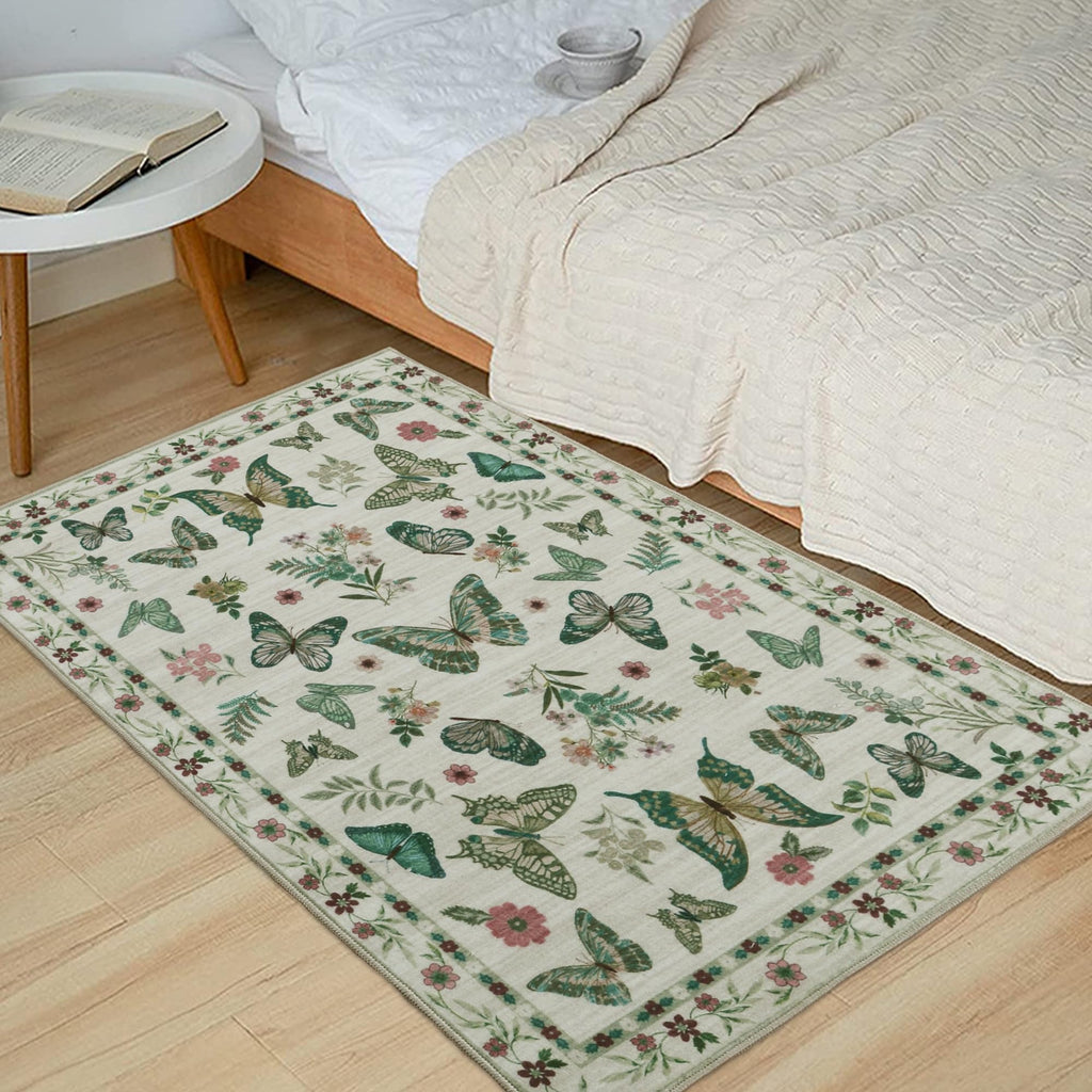 Insect Floral Area Rug, Machine Washable Area Rug Non-Slip Low Pile Large Bedroom Rug Stain Resistant Throw Rug Carpet