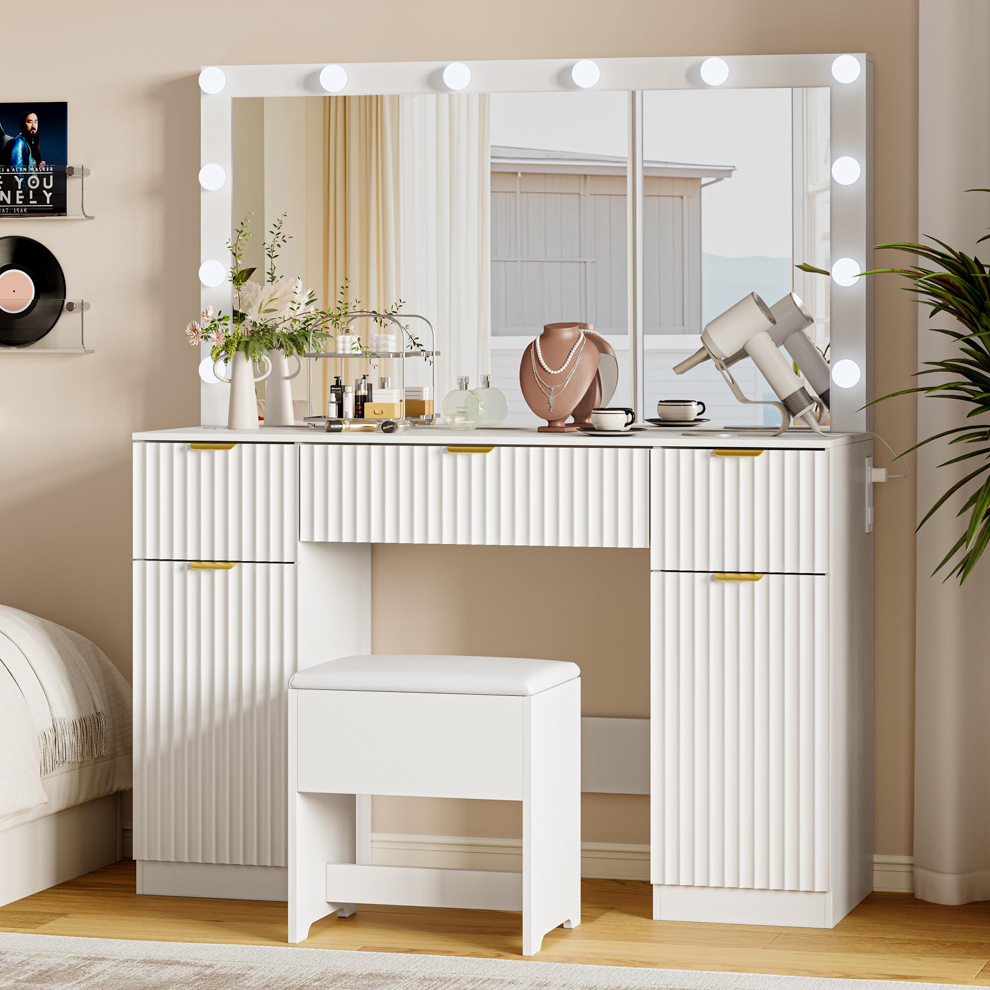 Makeup Vanity Desk with Mirror, Fluted Panel, Large LED Mirror, 3 Lighting Modes & Adjustable Brightness, Charging Station, Dressing Table with Stool