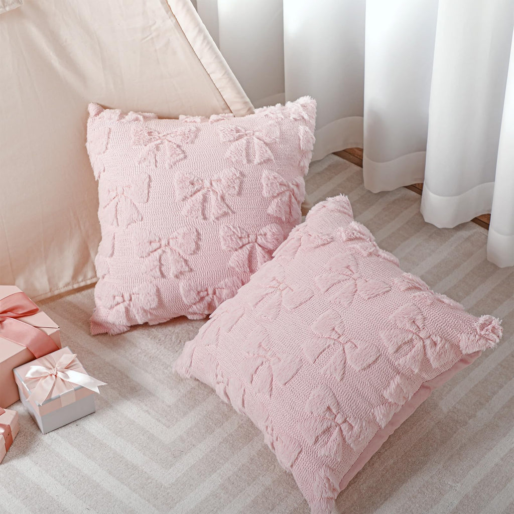 Coquette Bow Pillow Covers - Set of 2 Room Decor Cute Faux Fur Soft Pillow Covers Fluffy Plush Aesthetic Pillow Covers for Bed Sofa Couch Covers 18x18