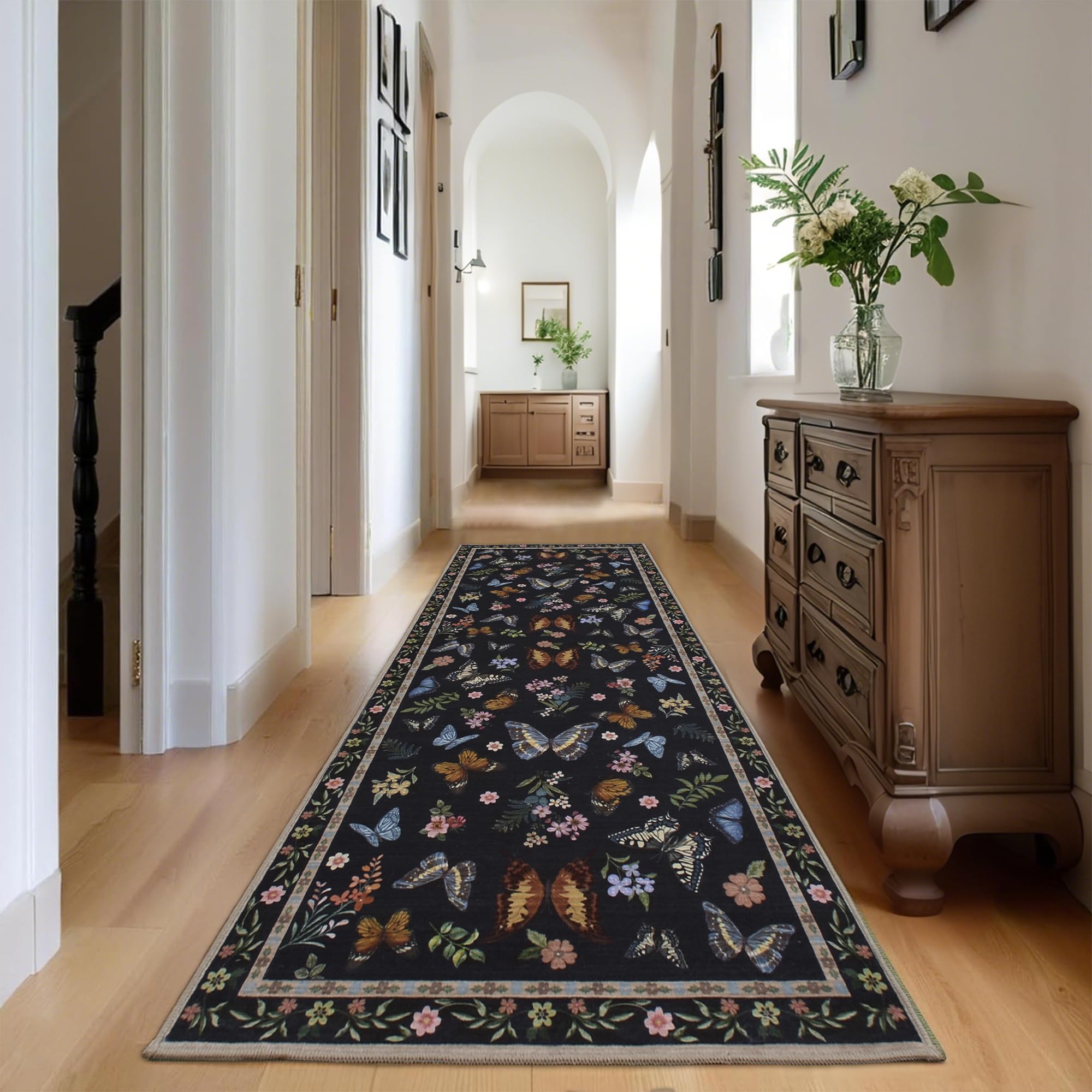 Insect Floral Area Rug, Machine Washable Area Rug Non-Slip Low Pile Large Bedroom Rug Stain Resistant Throw Rug Carpet