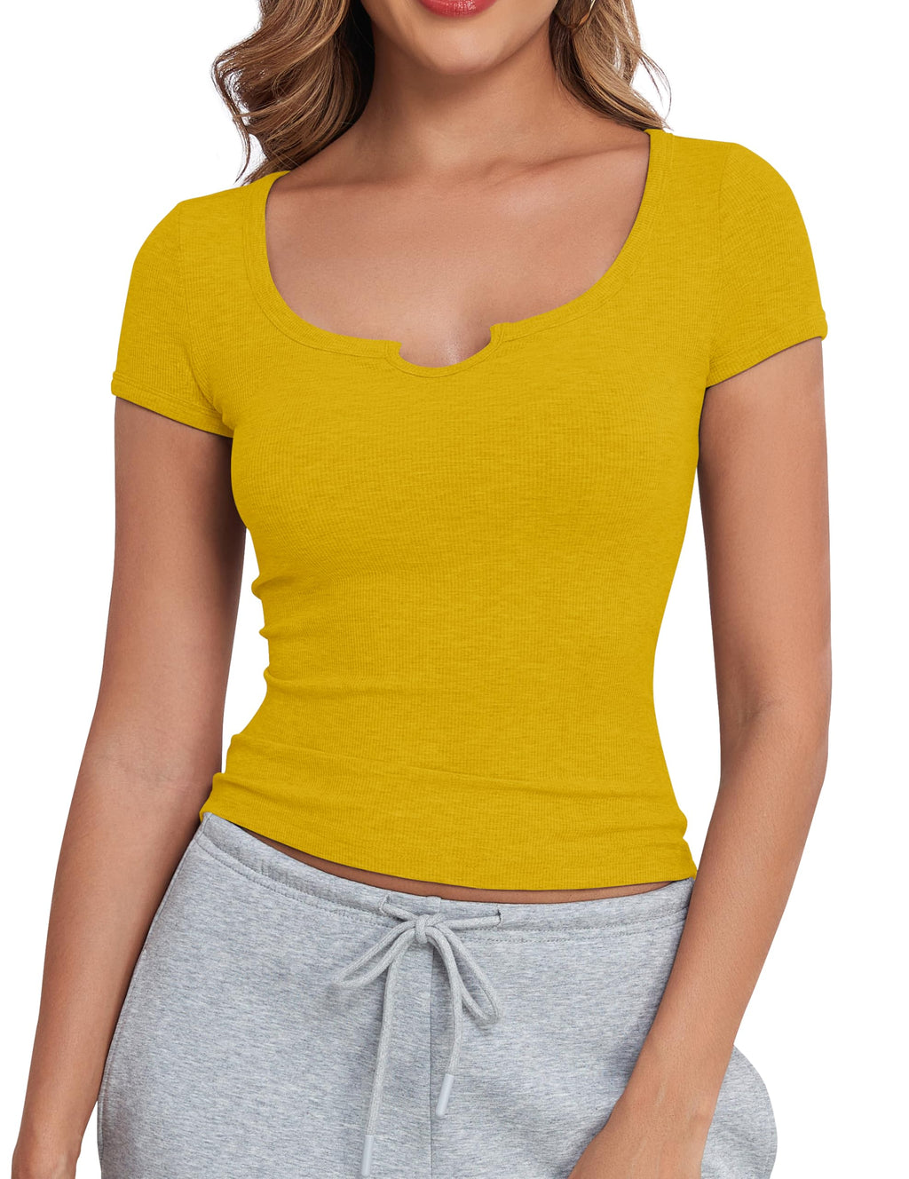 Women's Short Sleeve T-Shirts Form Fitting Ribbed Knit V Notch Scoop Neck Basic Crop Top