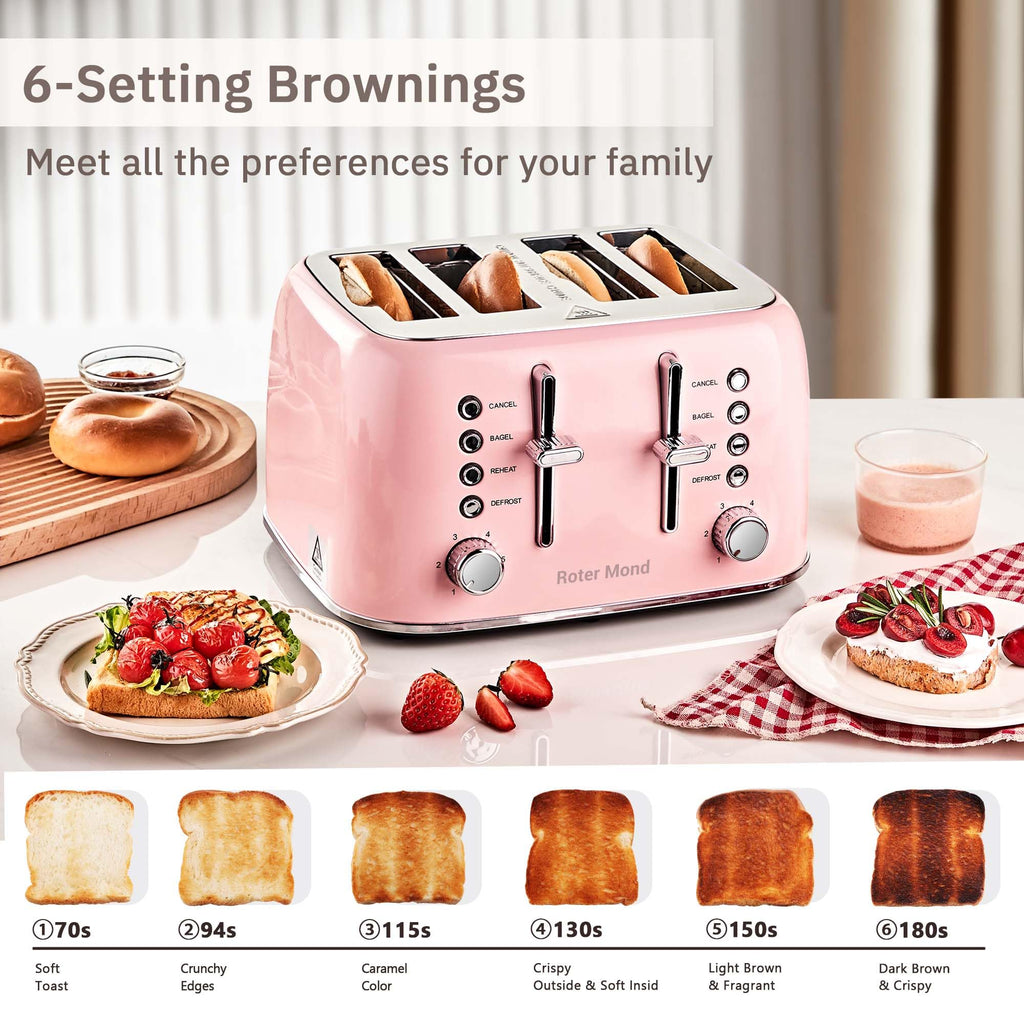 Toaster 4 Slice Retro Stainless Steel with Extra Wide Slots, Reheat Function, Dual Independent Control Panel, Removable Crumb Tray, 6 Browning Levels