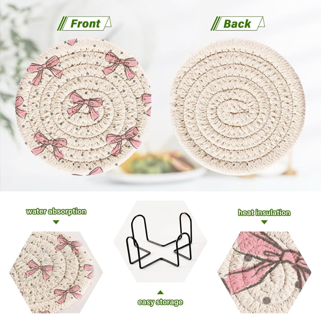 Pink Bow Woven Coasters Set â€?3.9" Absorbent, Heat-Resistant (6 pcs + Holder)