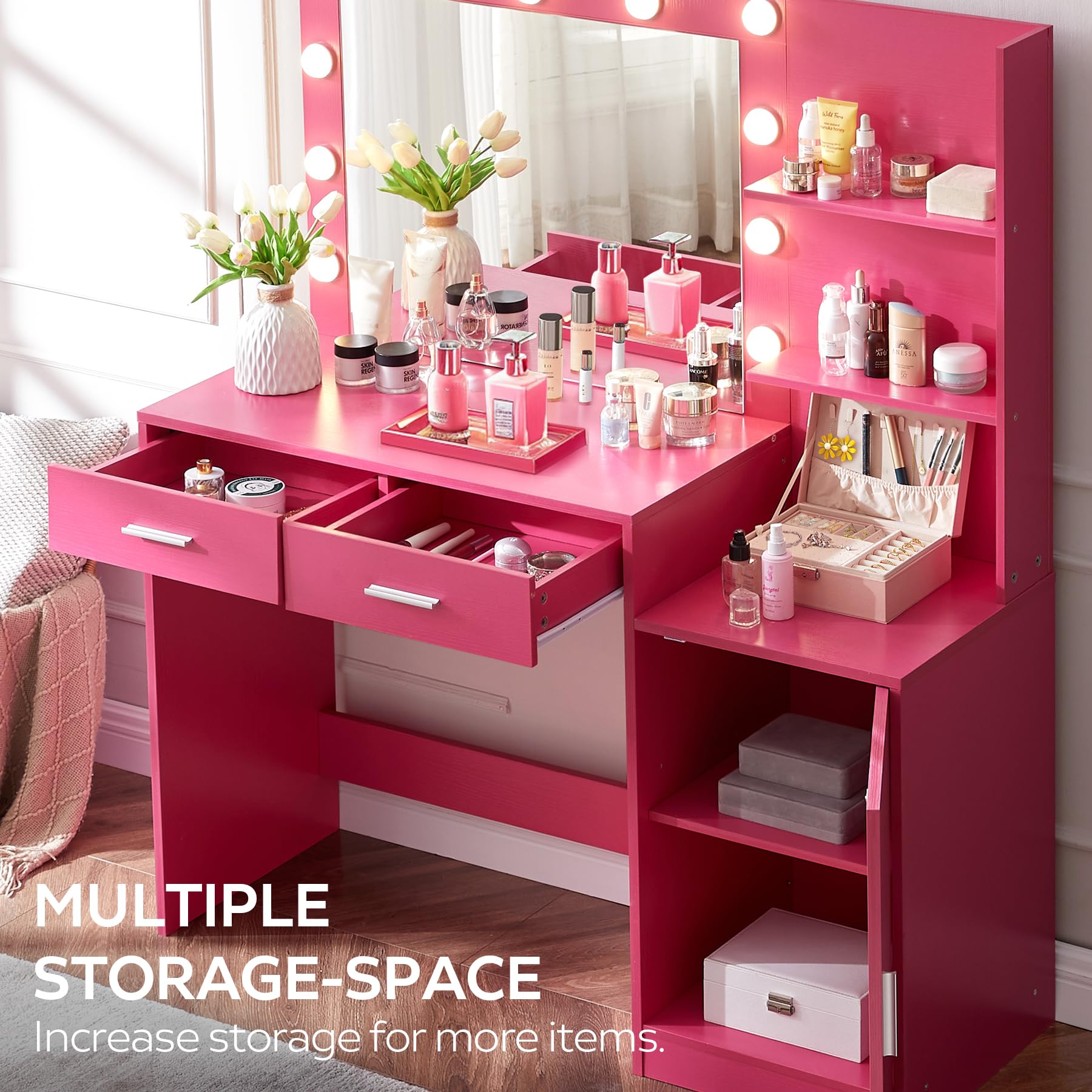 Vanity Desk with Mirror and LED Light Strip,Dressing Table with Large Drawer, 3 Level Storage Dresser & 3 Lighting Modes Adjustable Brightness