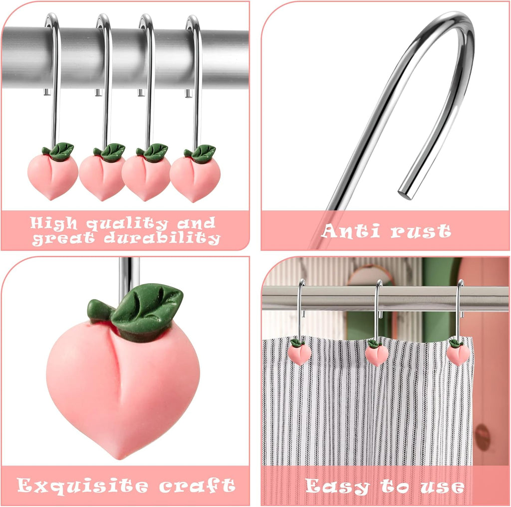 Peach Shower Curtain Hooks - 12pcs Peach Shower Curtain Hooks Pink Rustproof Curtain Hangers Glide Shower Rings Curtain Cute Fruit Resin Stainless Steel