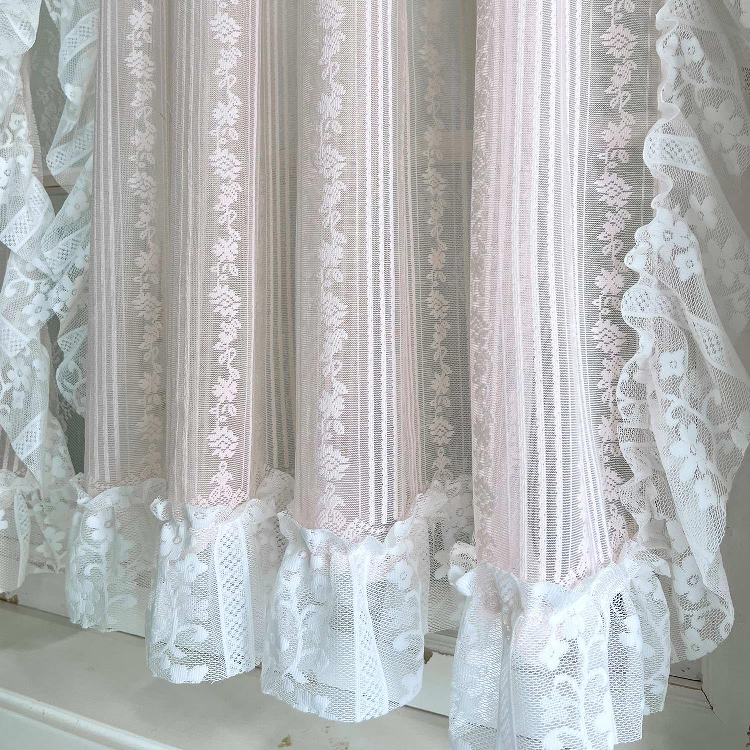 Floral Embroidery Sheer Lace Curtain with Ruffle Trim Romantic Gauze Curtains