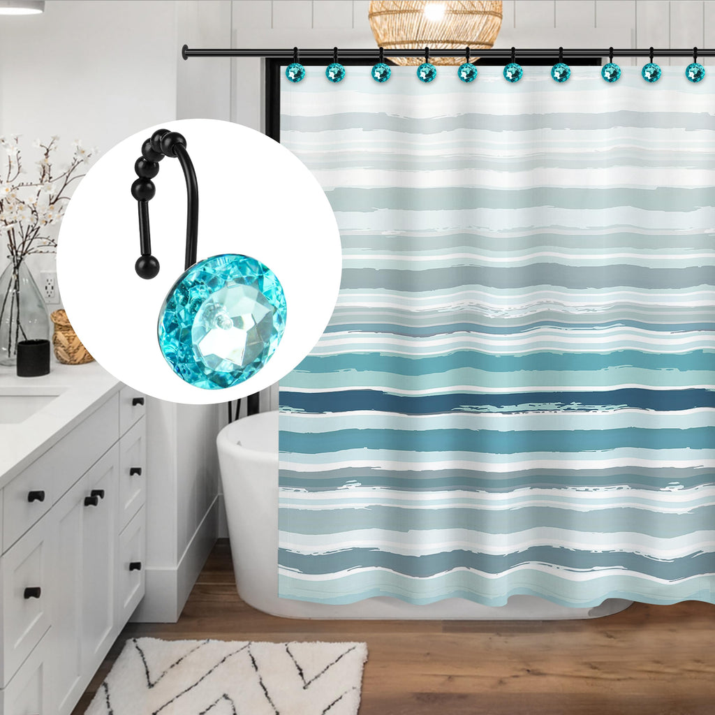 Luxury Design Round Diamond Crystal Gem Bling with Glide Balls Shower Curtain Hooks, Rust Proof Metal Rhinestones Glam Shower Curtain Rings-12 Pack