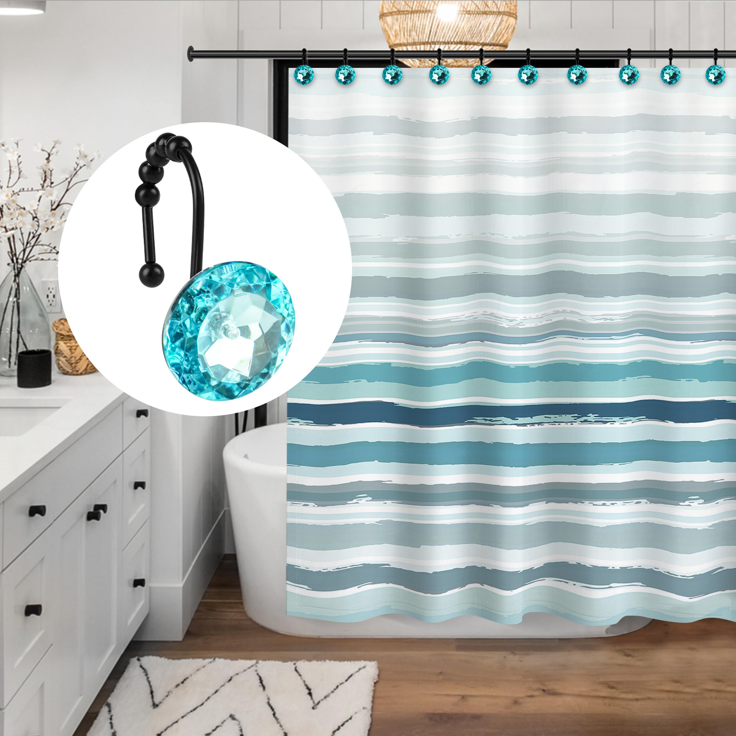 Luxury Design Round Diamond Crystal Gem Bling with Glide Balls Shower Curtain Hooks, Rust Proof Metal Rhinestones Glam Shower Curtain Rings-12 Pack