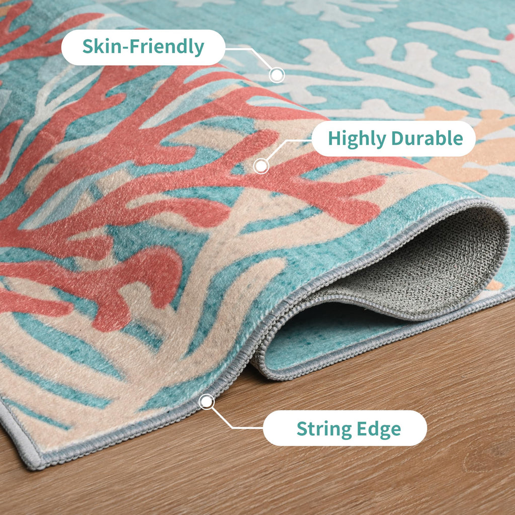 Faux Wool Boho Floral Area Rug Abstract Print Soft Carpet, TPR Non-Slip Backing, Machine Washable Low Pile Rug