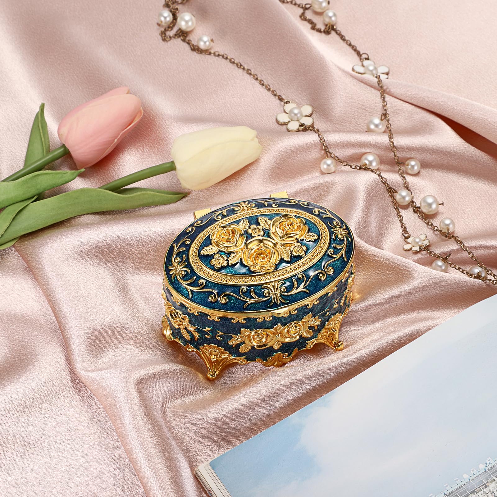Vintage Metal Jewelry Box - Oval Trinket Organizer with Rose Pattern Jewelry Storage Box