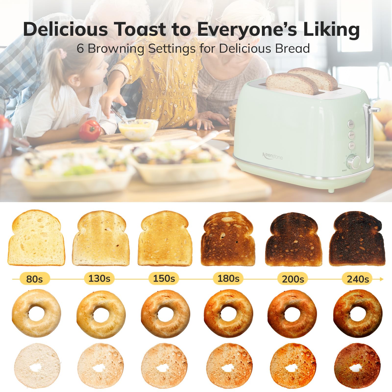 Toaster 2 Slice Stainless Steel with 6 Bread Shade Settings, Retro Toaster with Extra Wide Slot