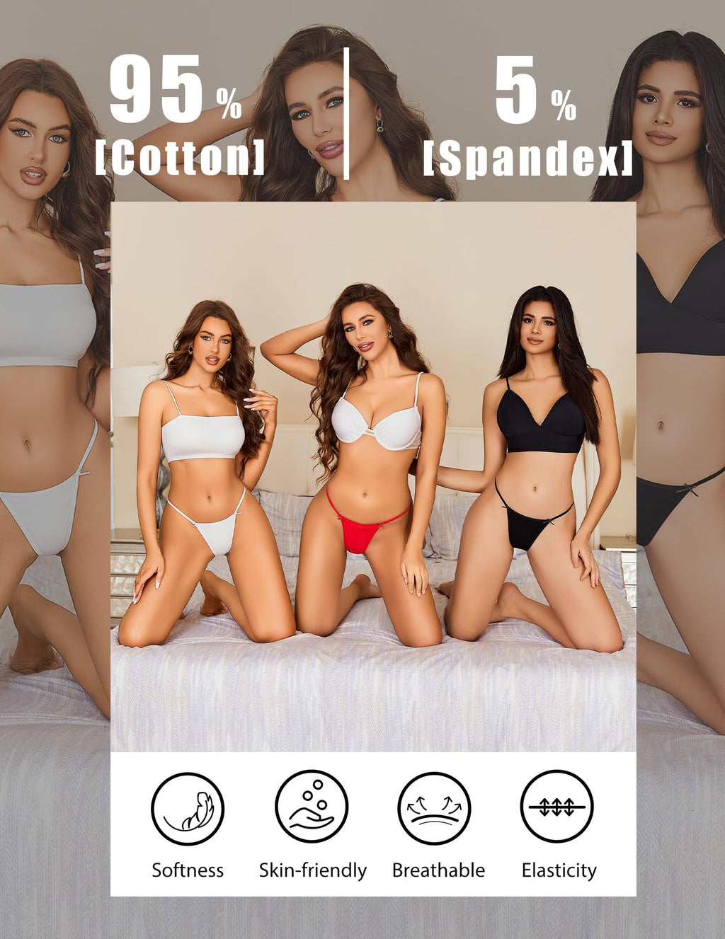 G String Thongs for Women Cheeky Breathable Underwear Sexy No Show Panties 3 Pack