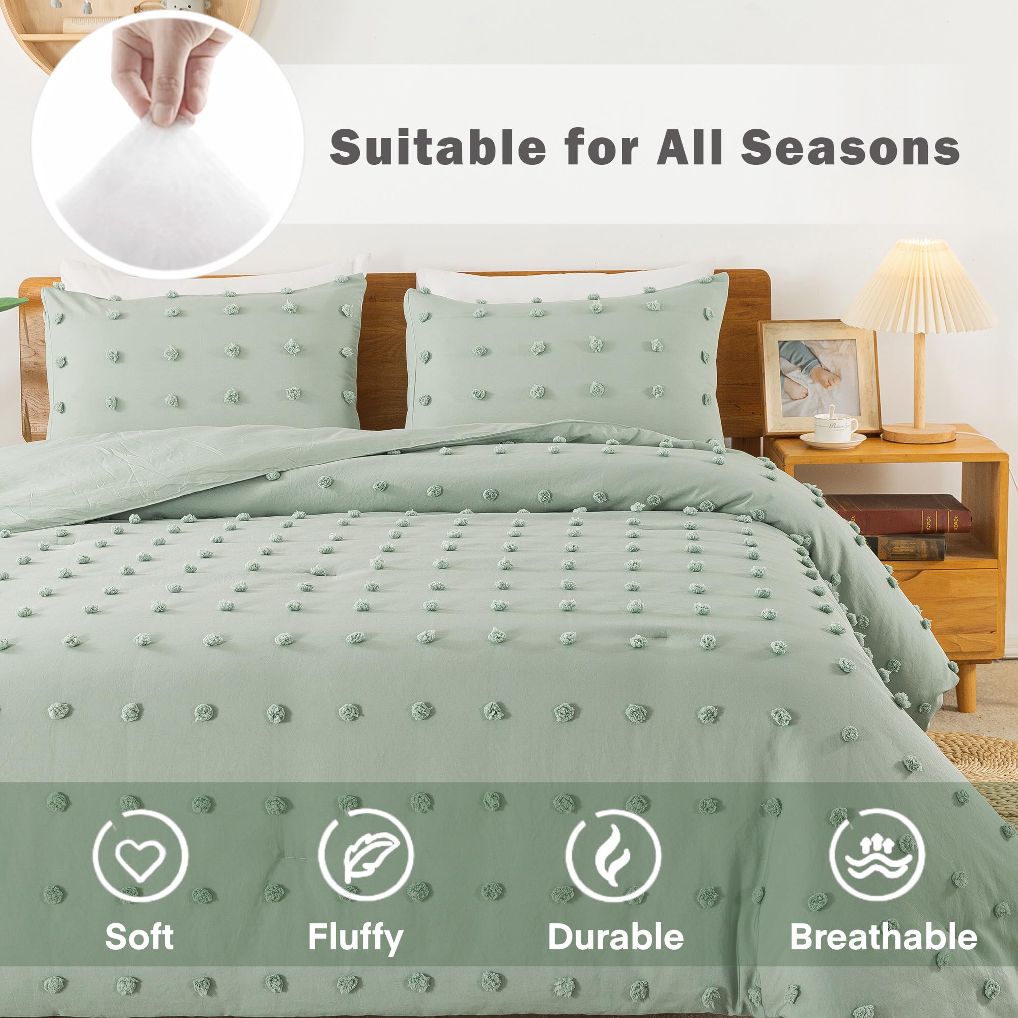Comforter Set, 2 Pieces- Soft Cotton Lightweight Comforter with 1 Pillowcase, Chenille Dots All Season Down Alternative Comforter Set for Bedding