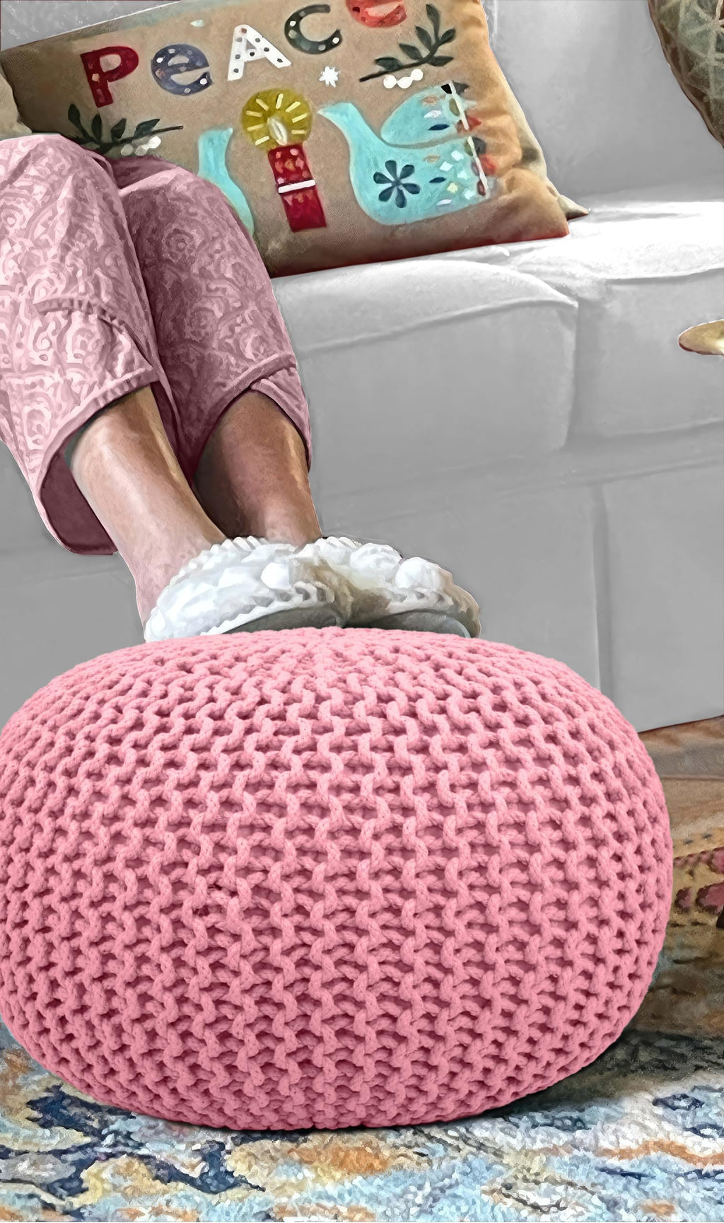 Hand-Knitted Cotton Round Pouf â€?Braid Cord Ottoman, Footrest, and Accent Seat for Living Room, Nursery, Kids Room, or Dorm Décor â€?20x14