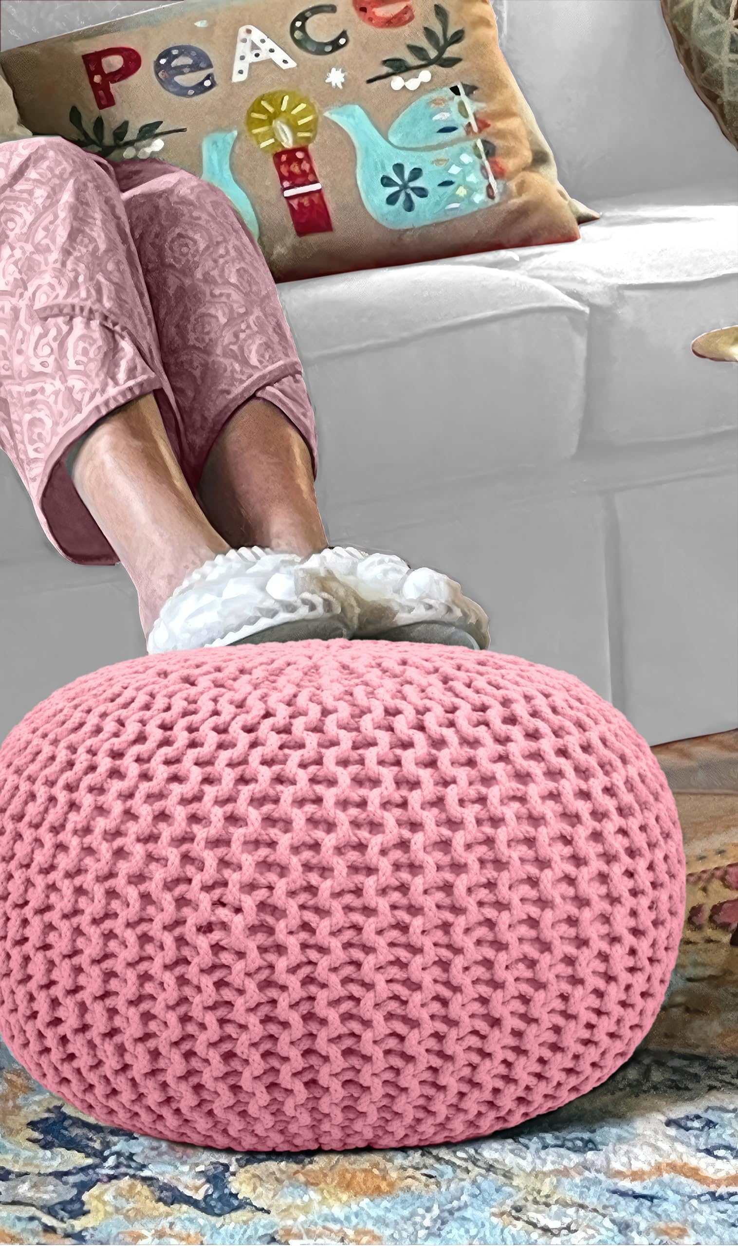 Hand-Knitted Cotton Round Pouf â€?Braid Cord Ottoman, Footrest, and Accent Seat for Living Room, Nursery, Kids Room, or Dorm Décor â€?20x14