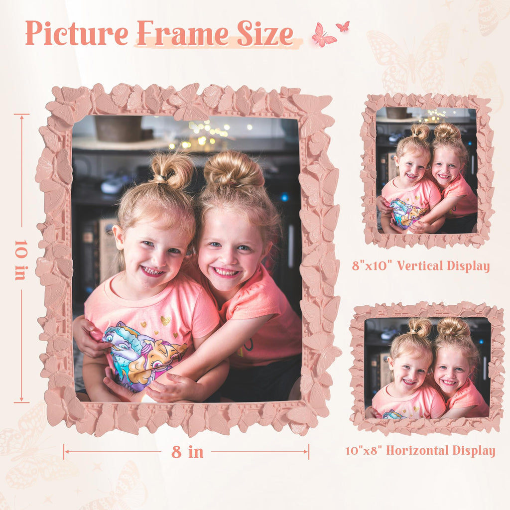 Picture Frame with High Tempered Glass, Butterfly Textured Hand-Crafted Resin Cute Photo Frame with Easel & Hook for Tabletop & Wall Display