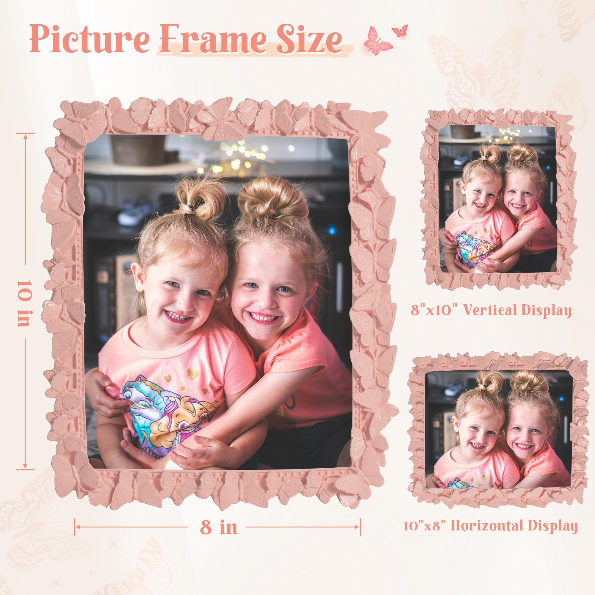 Picture Frame with High Tempered Glass, Butterfly Textured Hand-Crafted Resin Cute Photo Frame with Easel & Hook for Tabletop & Wall Display