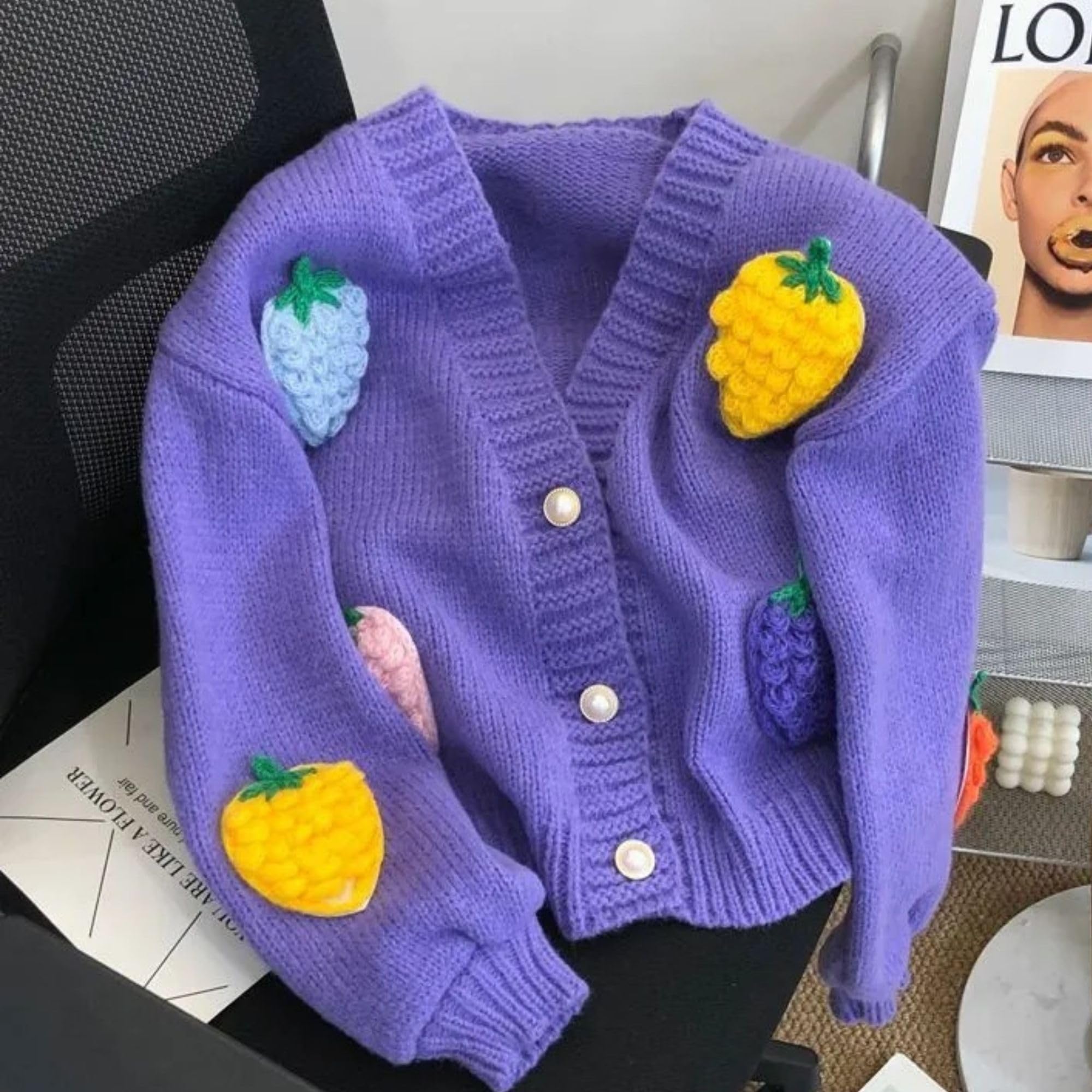 Women's Kawaii Strawberry Embroidered Cardigan Long Sleeve V Neck Chunky Knitted Cardigans