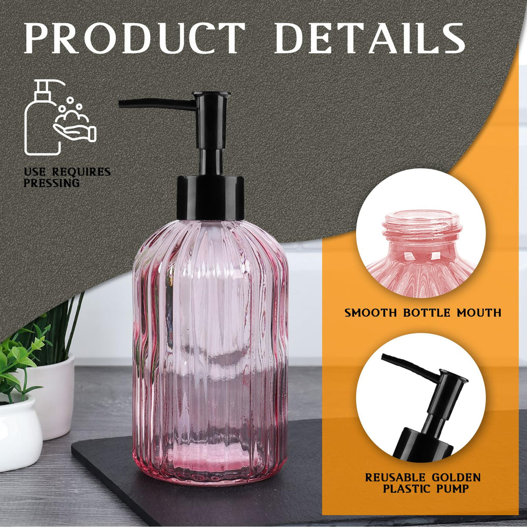 Pink Clear Glass Soap Dispenser 13 Oz/400ml, Striped Transparent Liquid Hand Soap Dispenser for Kitchen & Bathroom