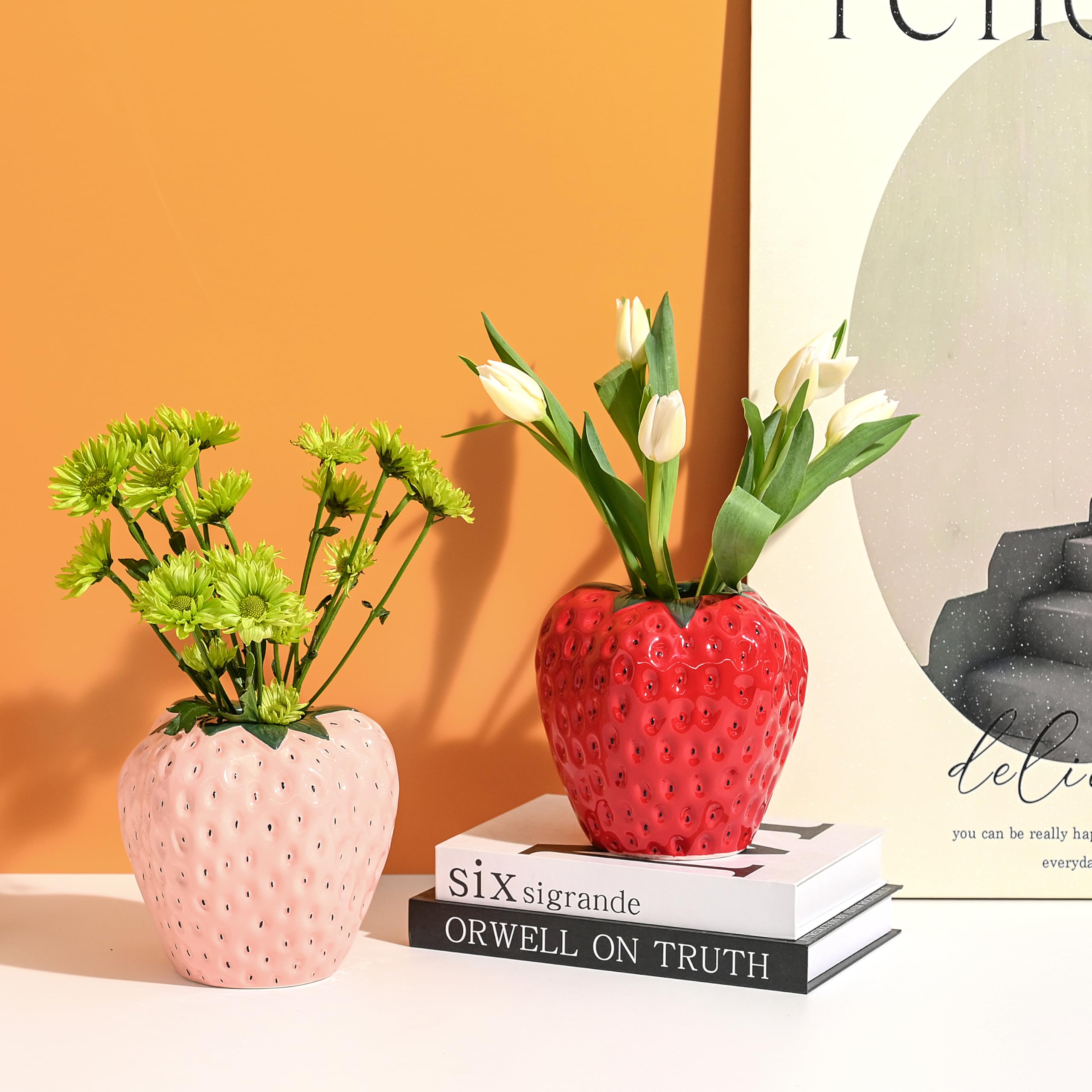 Strawberry Vase for Flowers, Dusty Pink Ceramic Fruit Vase, Strawberry Shaped Planter Pot with Green Leaves and Black Seeds Decor